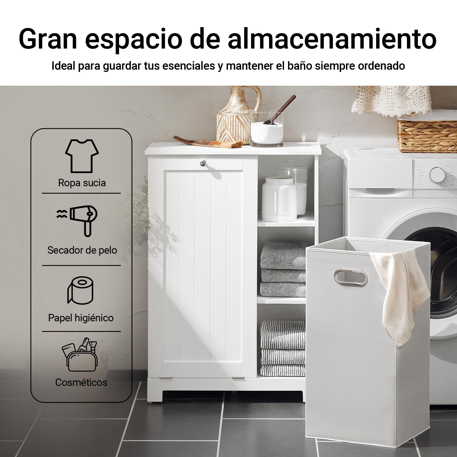 SoBuy Mueble Baño con Cesta de Lavandería – Mueble Ropa Sucia con 3 Estantes – Armario Baño Ahorra Espacio de Madera para Espacios Pequeños, Blanco, 60x86x37cm, BZR105-W