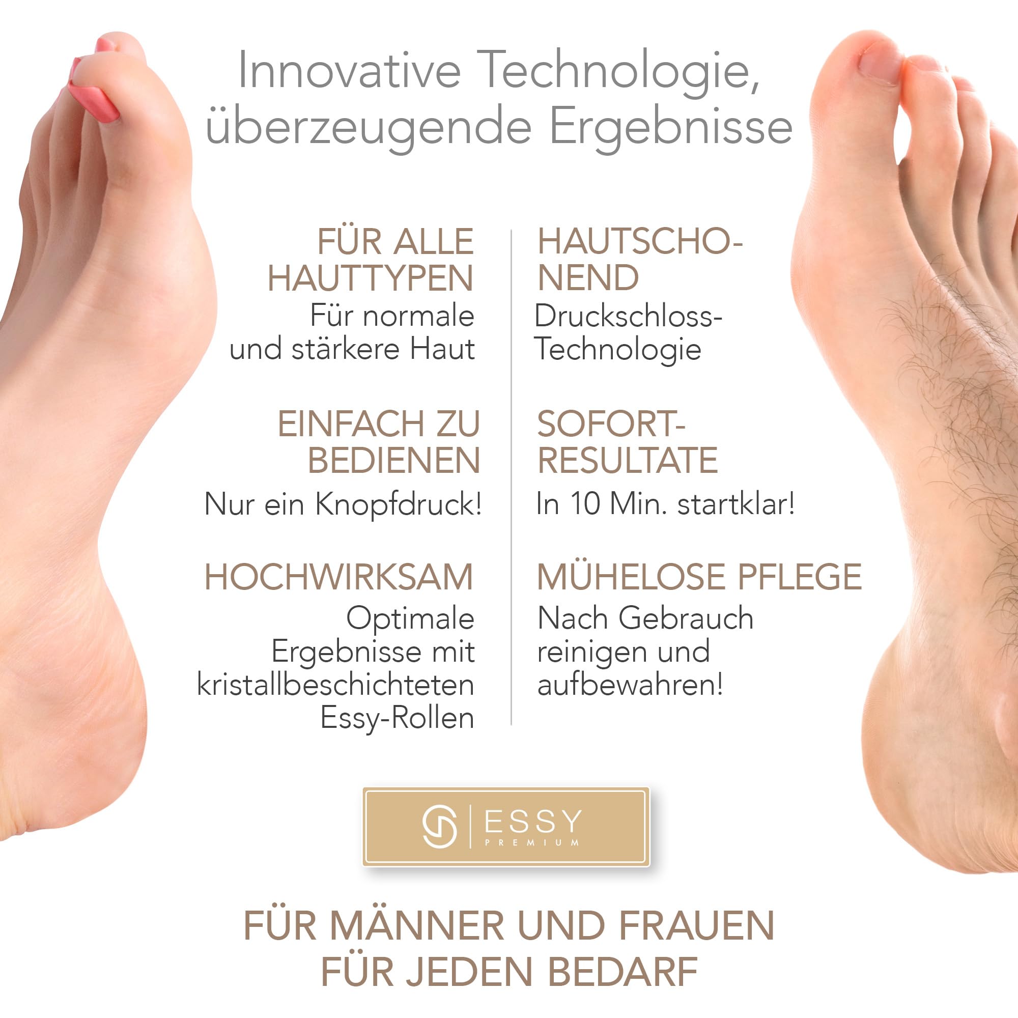 Essy Elektrische Fußfeile Wiederaufladbar mit 5 Austauschwalzen (Weiß) | Für Damen und Herren, Glatte Füße, Wasserdicht, USB-Aufladung, Druckschloss-Sicherheit