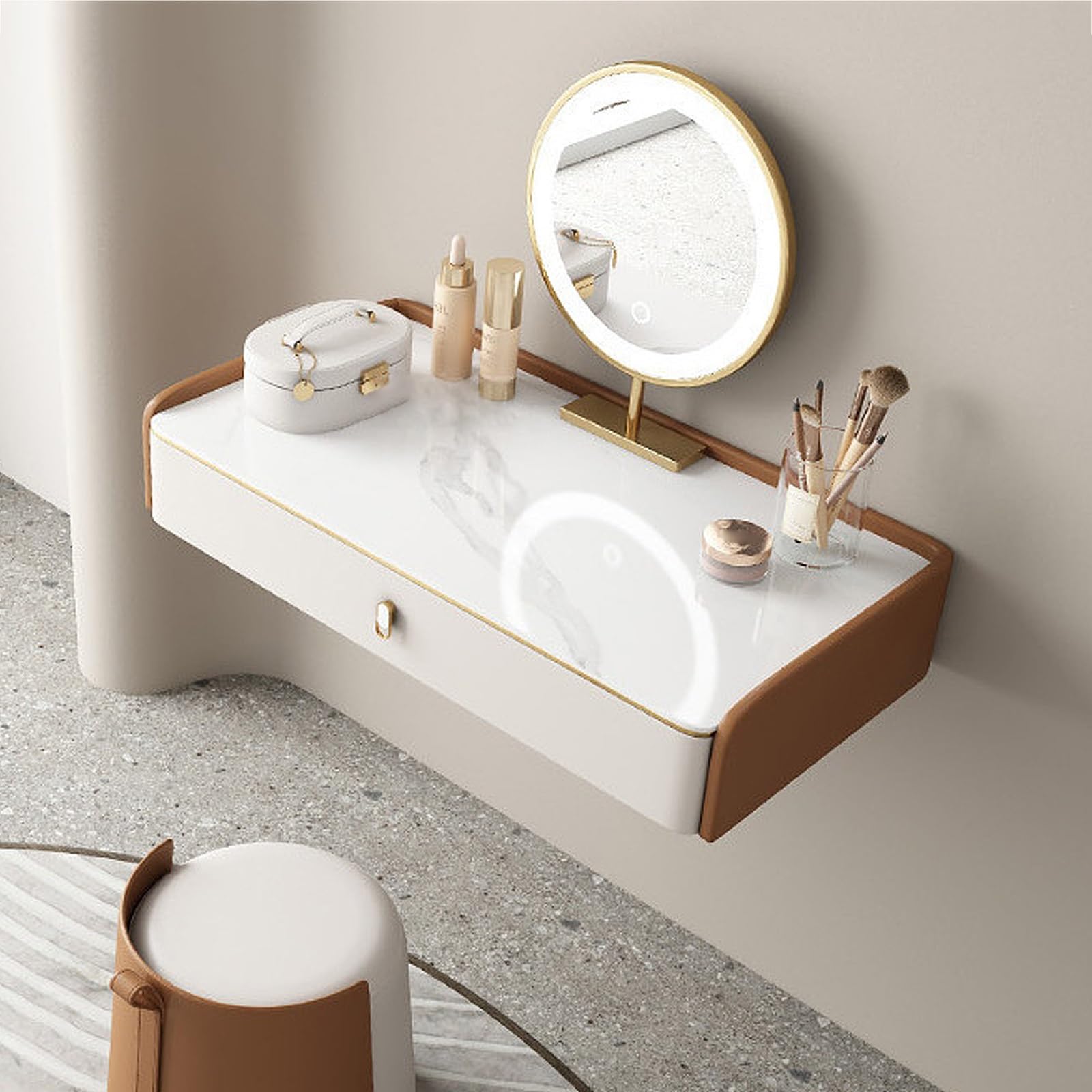 asdchZen Modern Floating Vanity Makeup Table With Wall-Mounted Desk Stylish Suspended Nightstand For Bedroom Space-Saving Furniture Solution For Small Spaces
