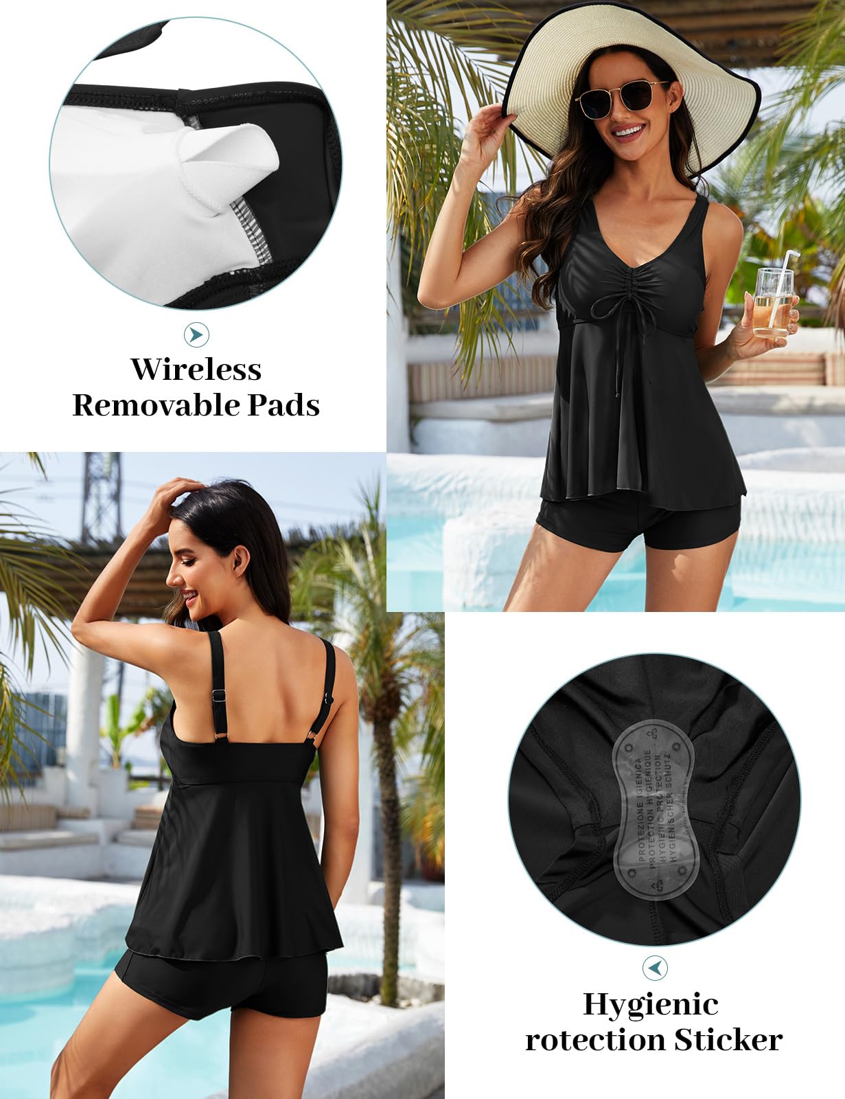 UMIPUBO Maillot de Bain Femme 2 Pieces Tankini Shorty Sexy Col en V Swimwear Grande Taille Bikini Gainant Ventre Plat Réglable Swimsuit avec Boyshort