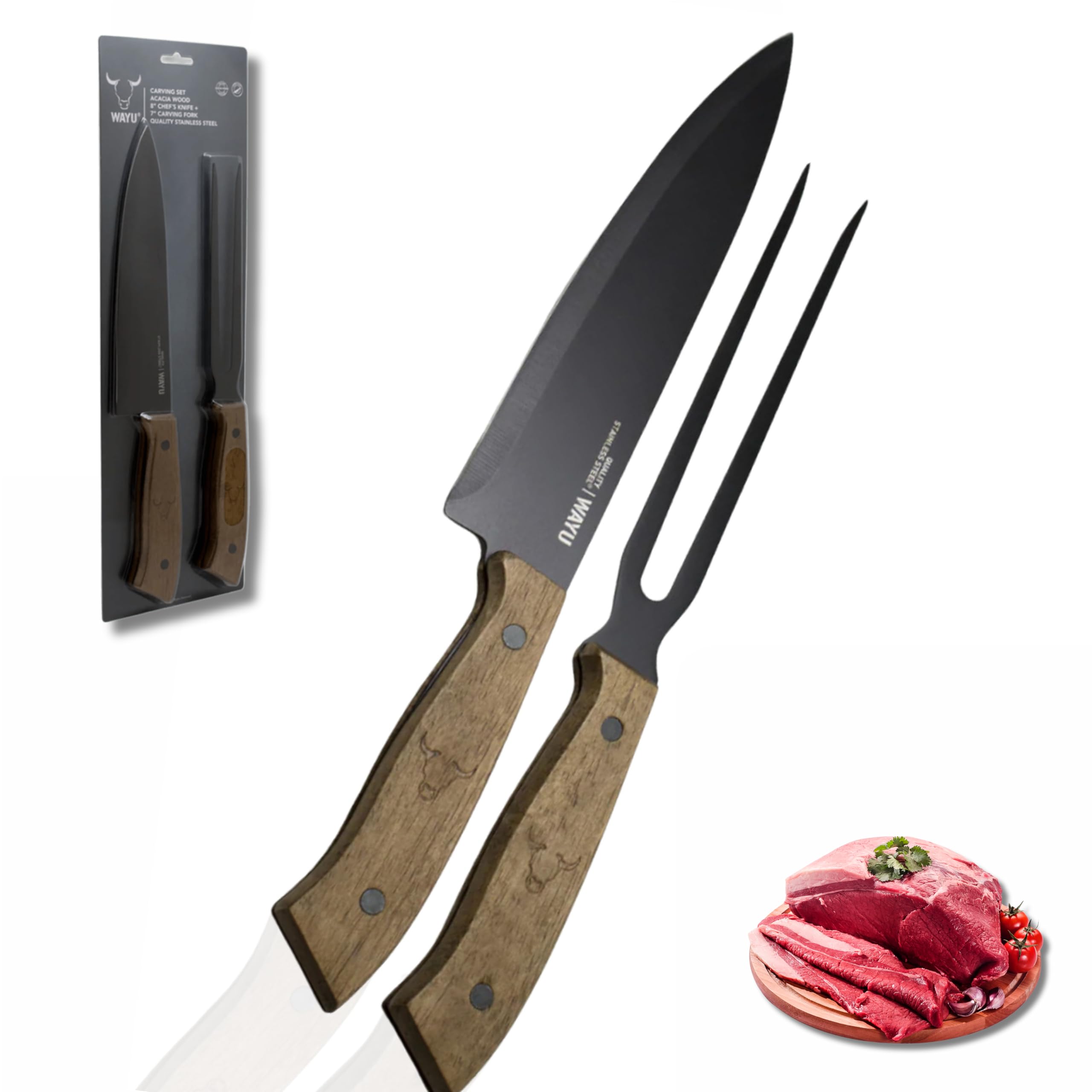 Set Coltello E Forchetta Per Barbecue WAYU - Acciaio Inox Con Manico In Legno, 33,5 Cm - Foto 14