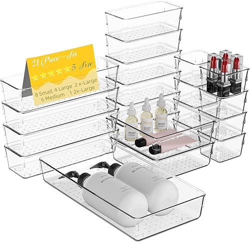 Juego de 21 organizadores de cajones de plástico transparente, 5 tamaños, bandejas de almacenamiento de cajones de acrílico antideslizantes para