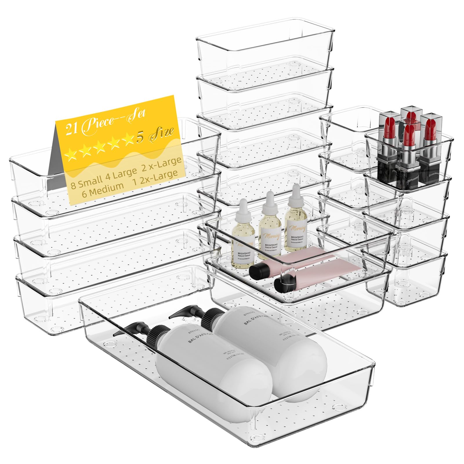 Juego de 21 organizadores de cajones de plástico transparente, 5 tamaños, bandejas de almacenamiento de acrílico antideslizantes para maquillaje, joyas, utensilios para cocina, dormitorio, baño