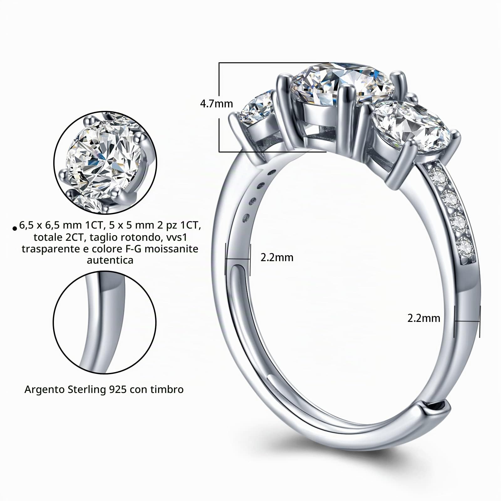 Anello di fidanzamento Moissanite regolabile da 1 carato in argento sterling 925 per anello di promessa di matrimonio da donna