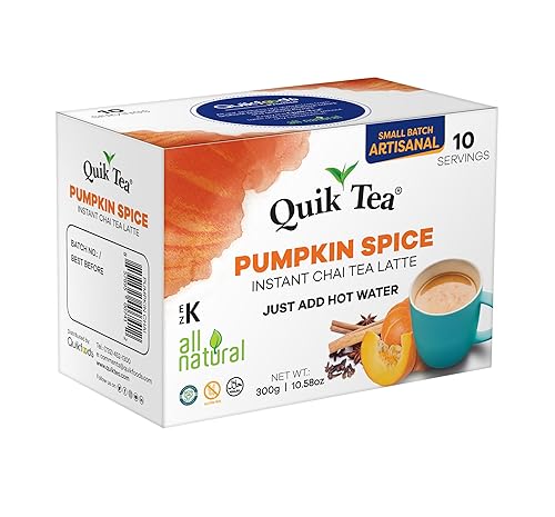 Miniatura 3 de Quik Tea Calabaza especiada Masala Instant Chai Tea Latte Premezcla - Caja individual de 10 unidades totalmente natural libre de conservantes de