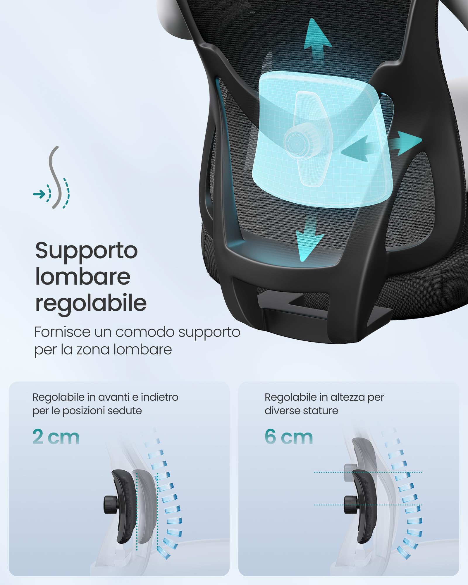 SONGMICS Sedia da Ufficio Ergonomica, Sedia da Scrivania Computer, Poggiatesta e Supporto Lombare Regolabili, Portata Fino a 150 kg, Regolabile in Altezza, Nero Inchiostro OBN066BH01
