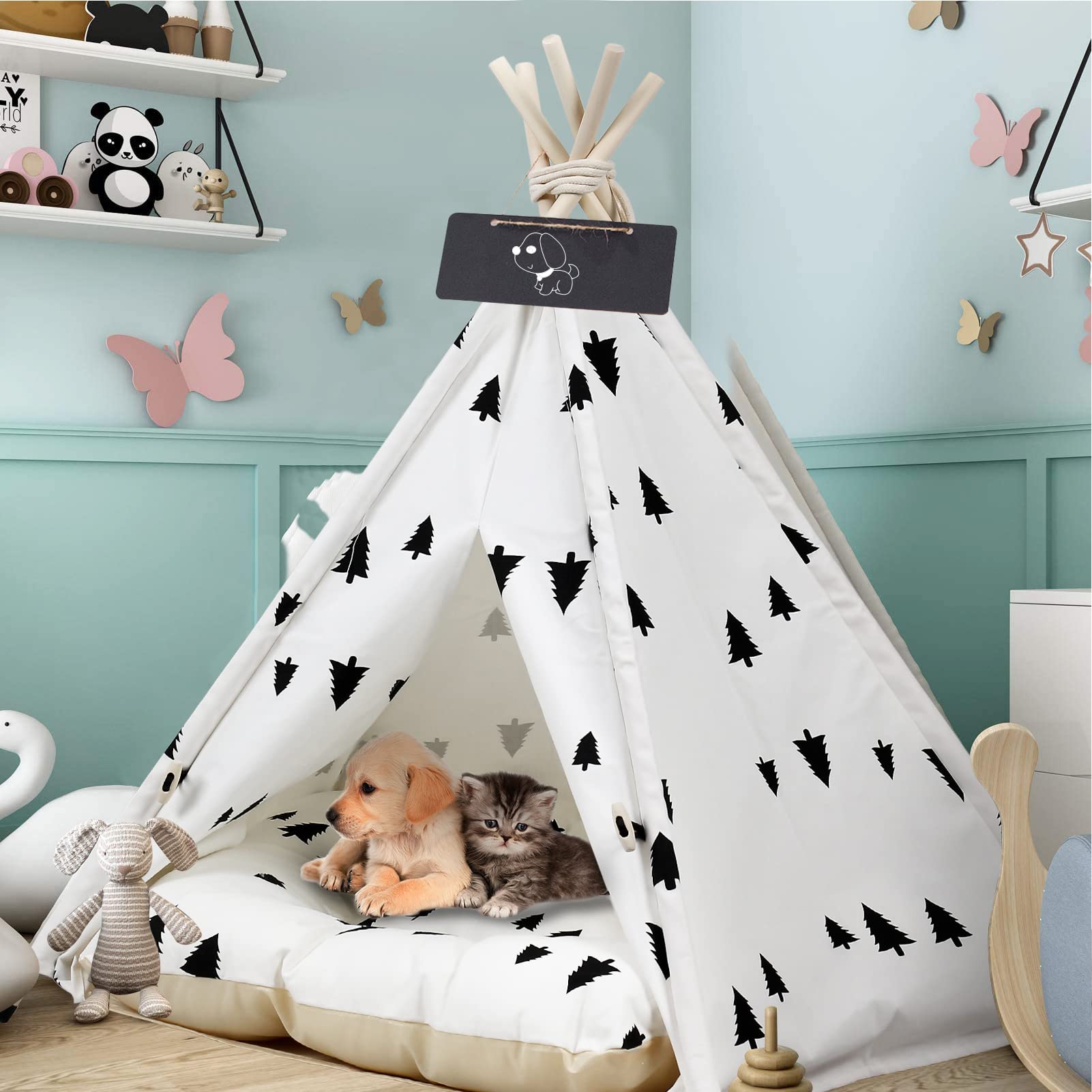 Pet Teepee Tent for Dogs, Dog Cat Teepee Bed, Portable &Washable Dog Houses Indoor Outdoor Puppy Beds for Small Dogs Cats Rabbits with Cushion and Blackboard