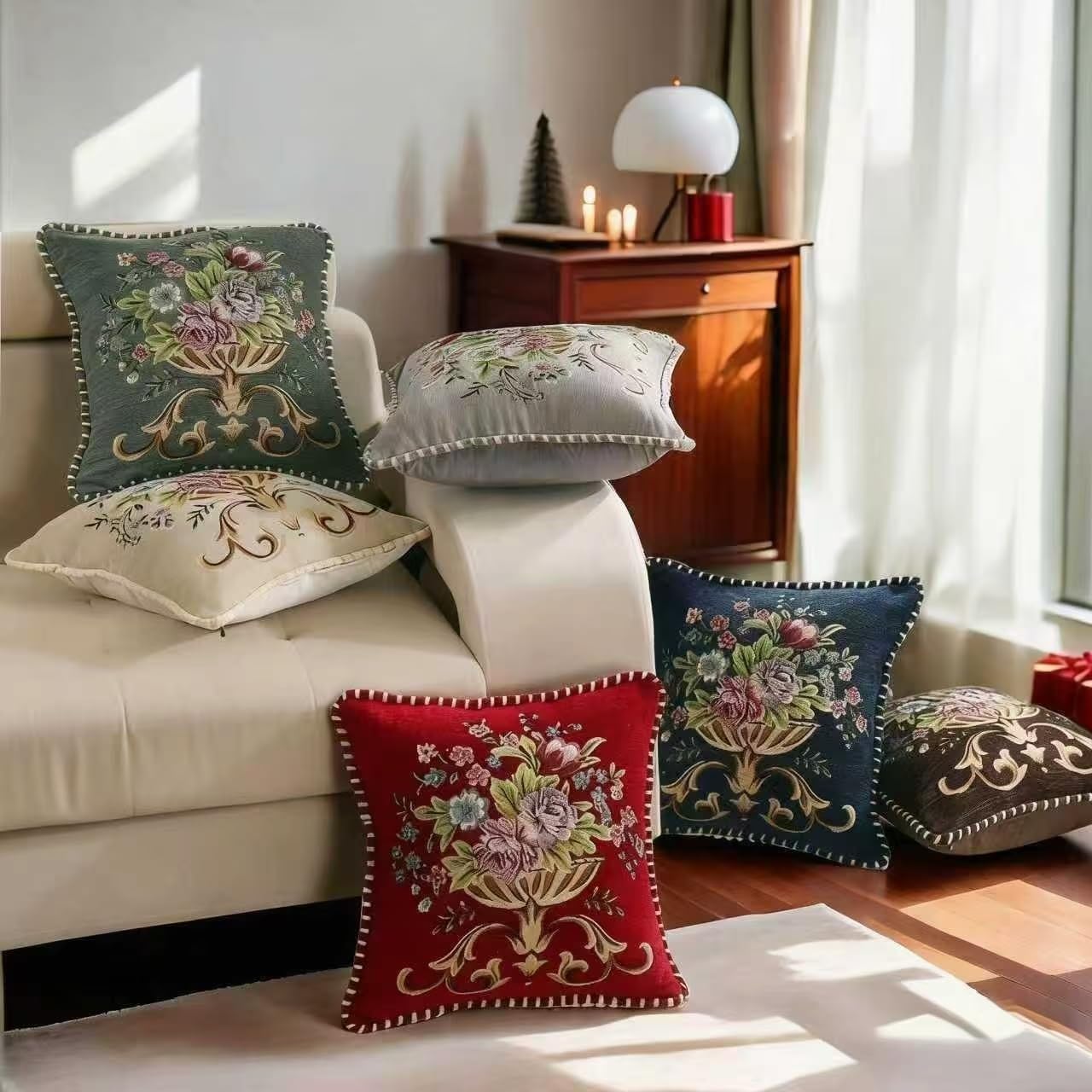 Set of 2 Chenille Vintage Spring Green Throw Pillows Covers 18x18in Sofa Couch Pillows for Living Room Floral Embroidered Cushion Cover for Bed Chairs Car