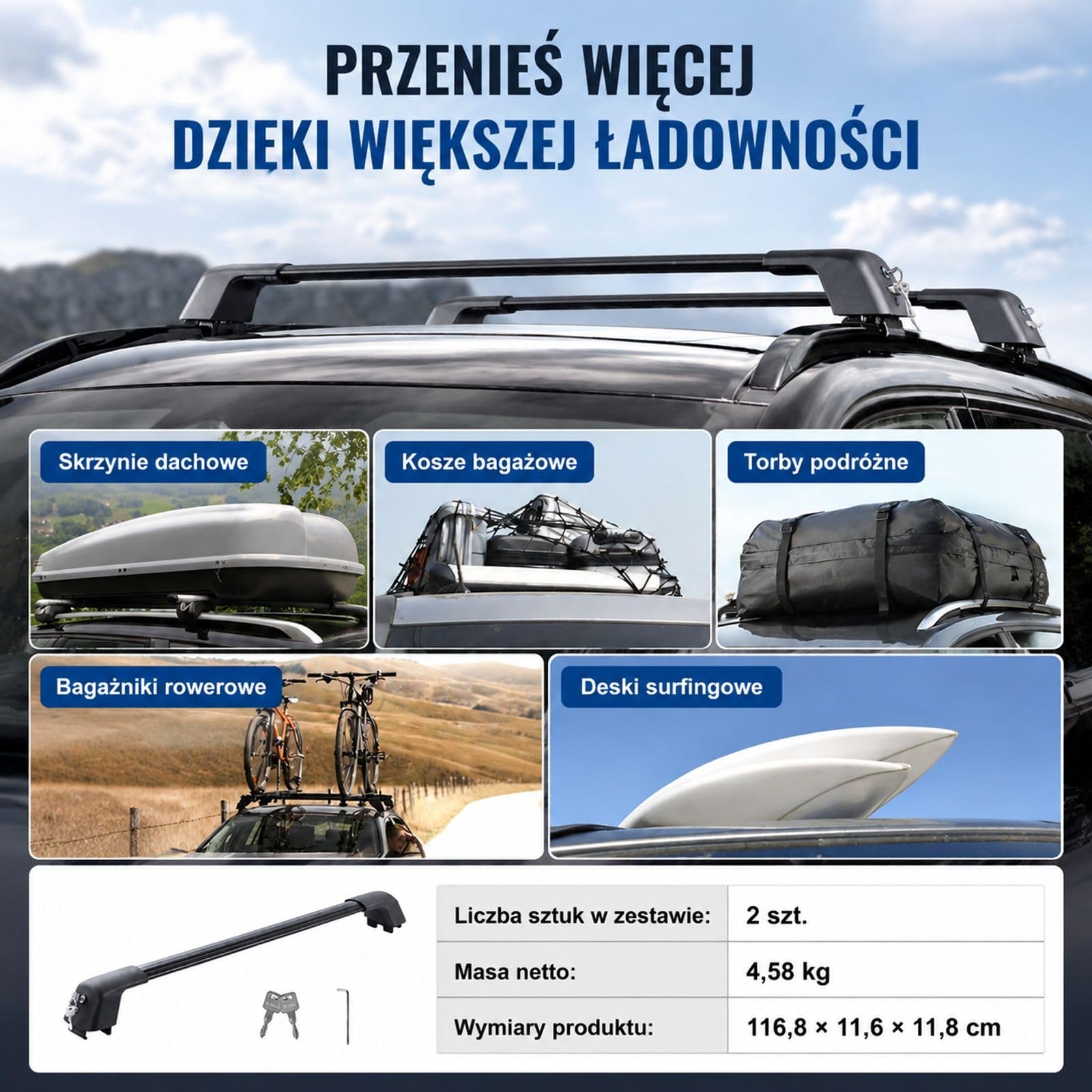 Aluminiowe belki poprzeczne na dach auta, 2 szt, czarne, do podniesionych relingów z przerwą, z zamkiem i kluczami