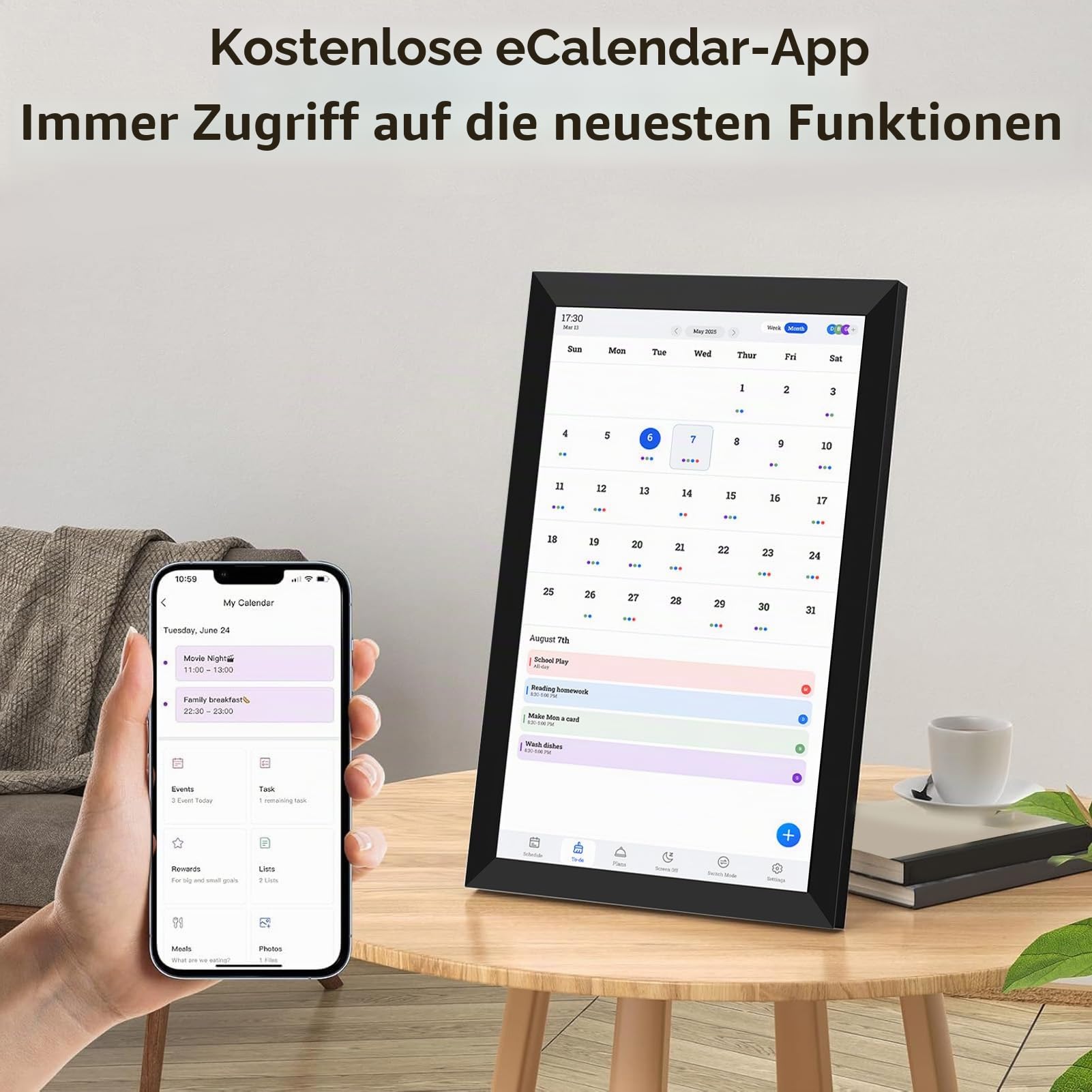WiFi Digitaler Kalender 10,1 Zoll HD IPS Touchscreen, Elektronischer Wandkalender Familienplaner mit App Synchronisation für Aufgaben und Speiseplan