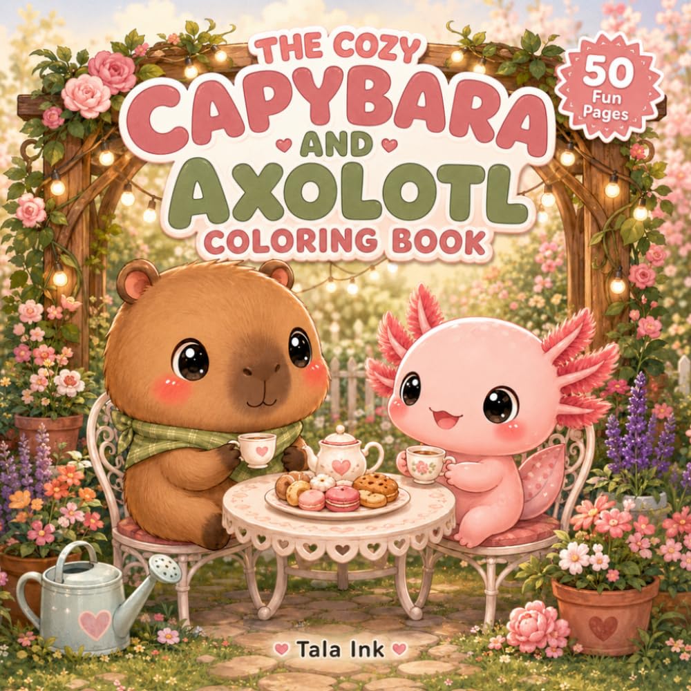 The Cozy Capybara and Axolotl Coloring Book: 50 adorable capybara and axolotl coloring adventures, created for kids who love cute animals and cozy fun