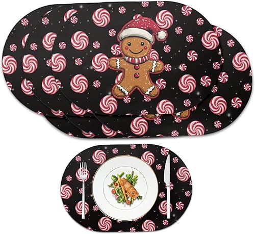 Table Placemats Christmas Table Mats Set of 6 Oval Placemats for Dining Tables Washable Heat Resistant Place Mats for Daily Use 12X18 Inch