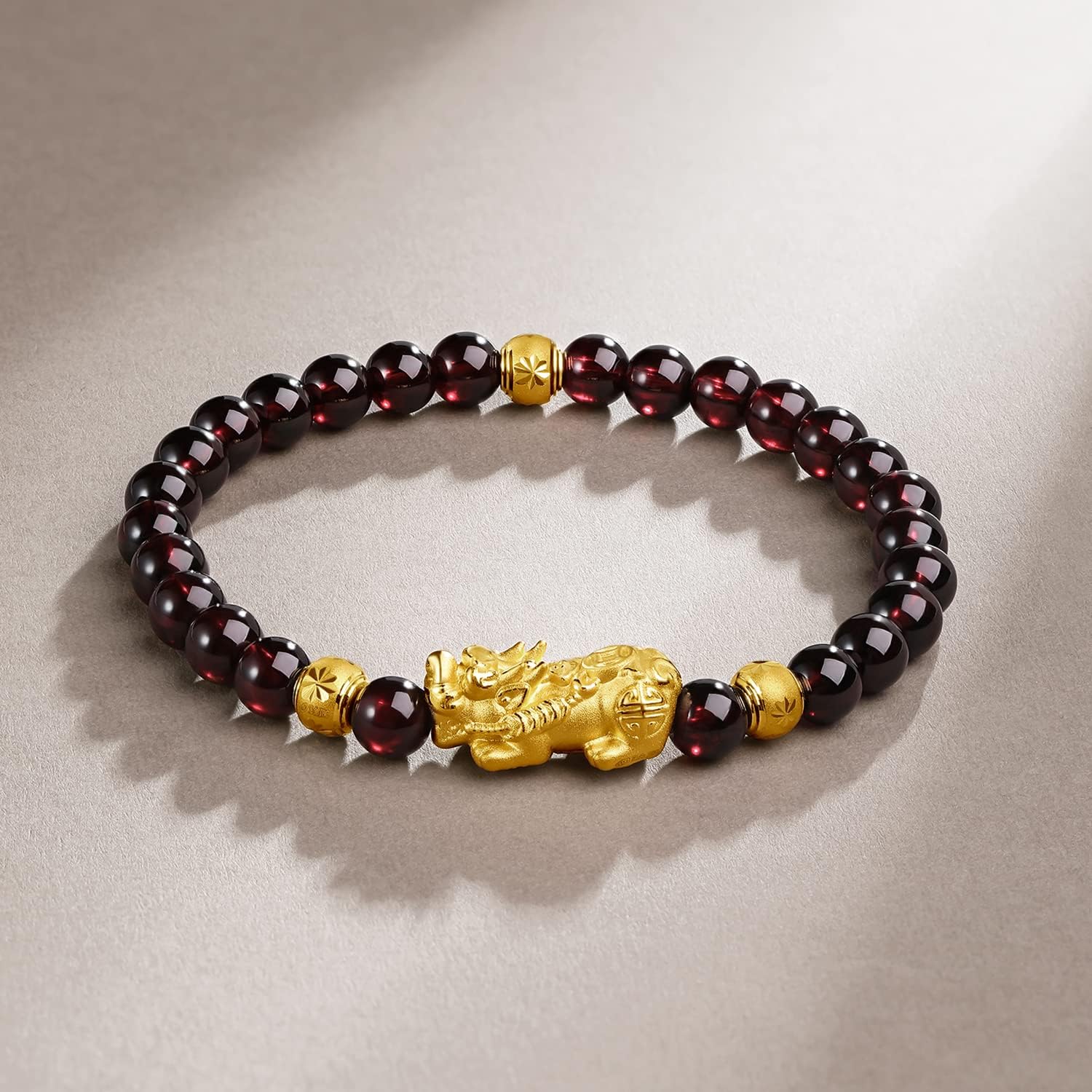 24K Gold Bracelet Wealth Charm Bracelets Feng Shui Stretch Chain Pixiu Jewelry Adjustable Beaded Link Good Luck Garnet Beads Stackable Bangle Healing Lucky Cuff Bangles Unisex Gift for Women Men