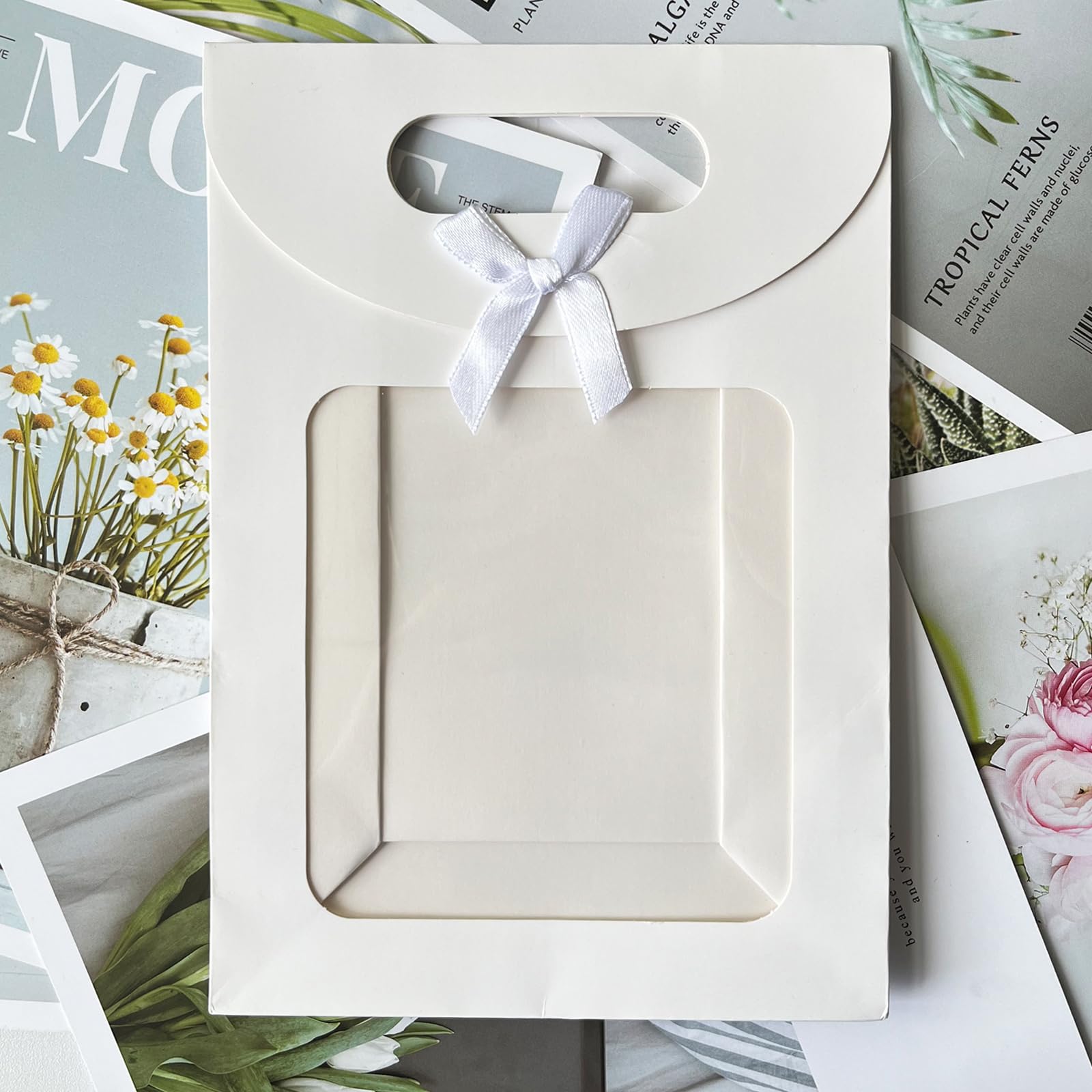 NIYATA Sacchetti Regalo Bianchi Con Finestra Trasparente - 12 Pezzi, 20x14x7 Cm Con Manico - Per Biscotti, Dolci E Piccoli Regali - 2