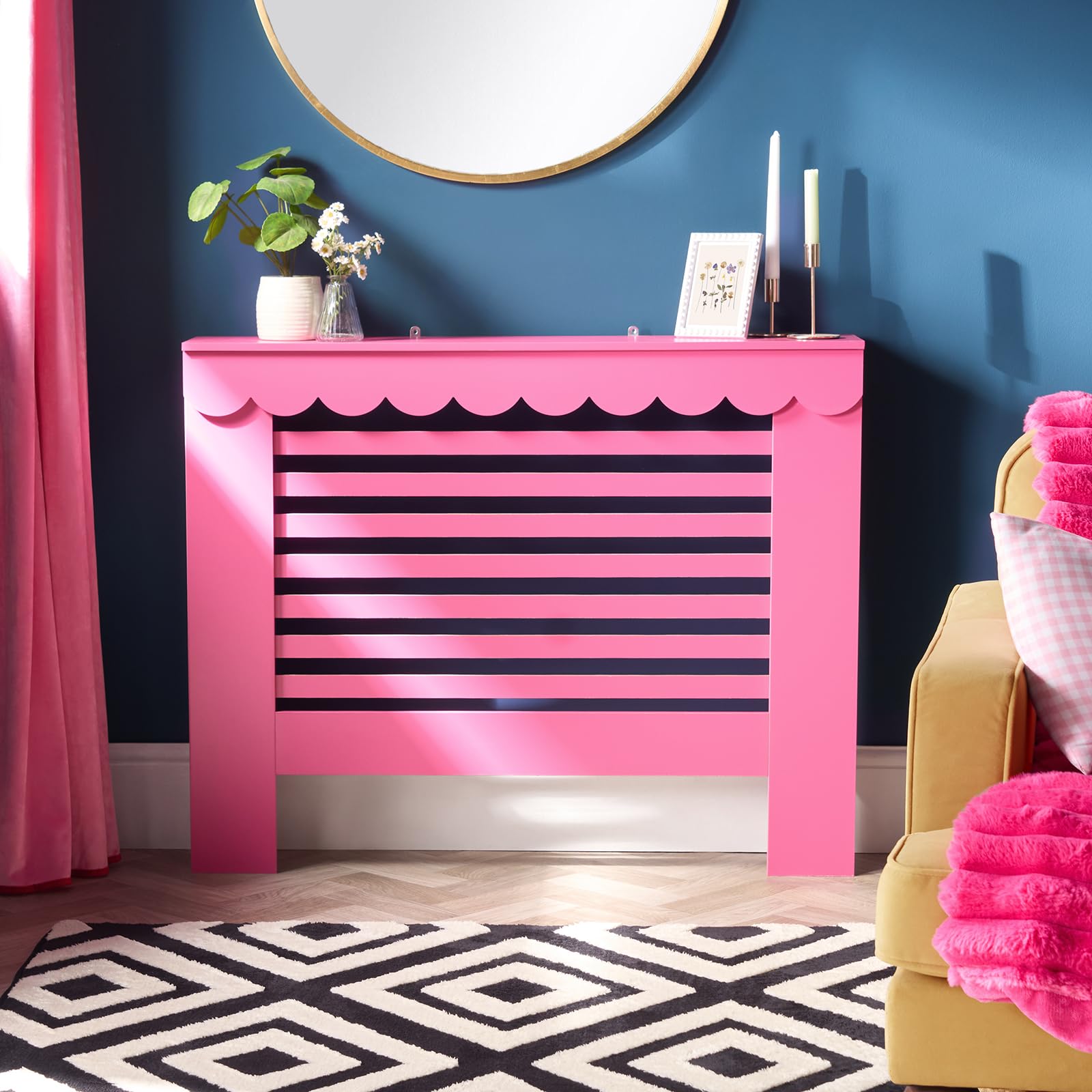 OHS Medium Radiator Cover, Modern Slatted Front MDF Cabinet Heater Cover with Scallop Edge Top Shelf Radiator Covers for Living Room Bedroom Hallway, Hot Pink - 102 x 19 x 82cm