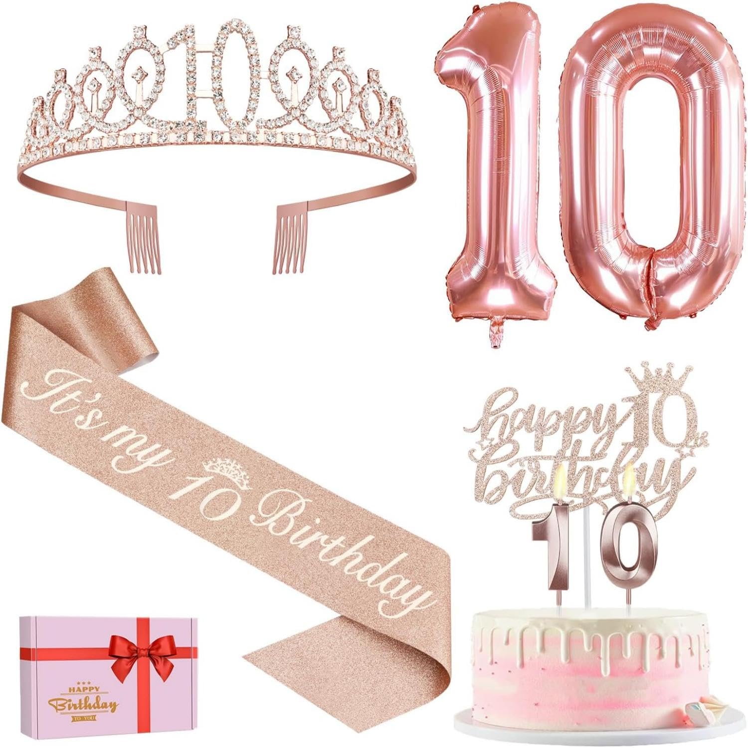 Photo 1 of 10th Birthday Decorations for Girls, Include 10th Birthday Sash and Tiara, Cake Topper and Candles, Number Balloons, 10 Year Old Gifts for Girls