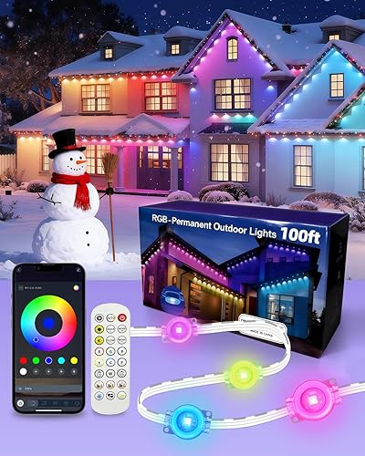 oneup Luces de Navidad permanentes para exteriores de 100 pies, luz RGB+IC con control remoto de aplicacióncontrol, IP67 impermeable, 16M colores,