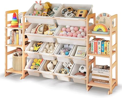 Miniatura 8 de Organizador de almacenamiento de juguetes de madera con 6 estantes y 12 contenedores, organizador de juguetes para niños, estante de juguetes para
