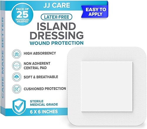 JJ CARE Aderezo adhesivo para isla (paquete de 25), gasa con borde estéril de 6 x 6, vendaje de isla transpirable, vendajes de gasa adhesivos