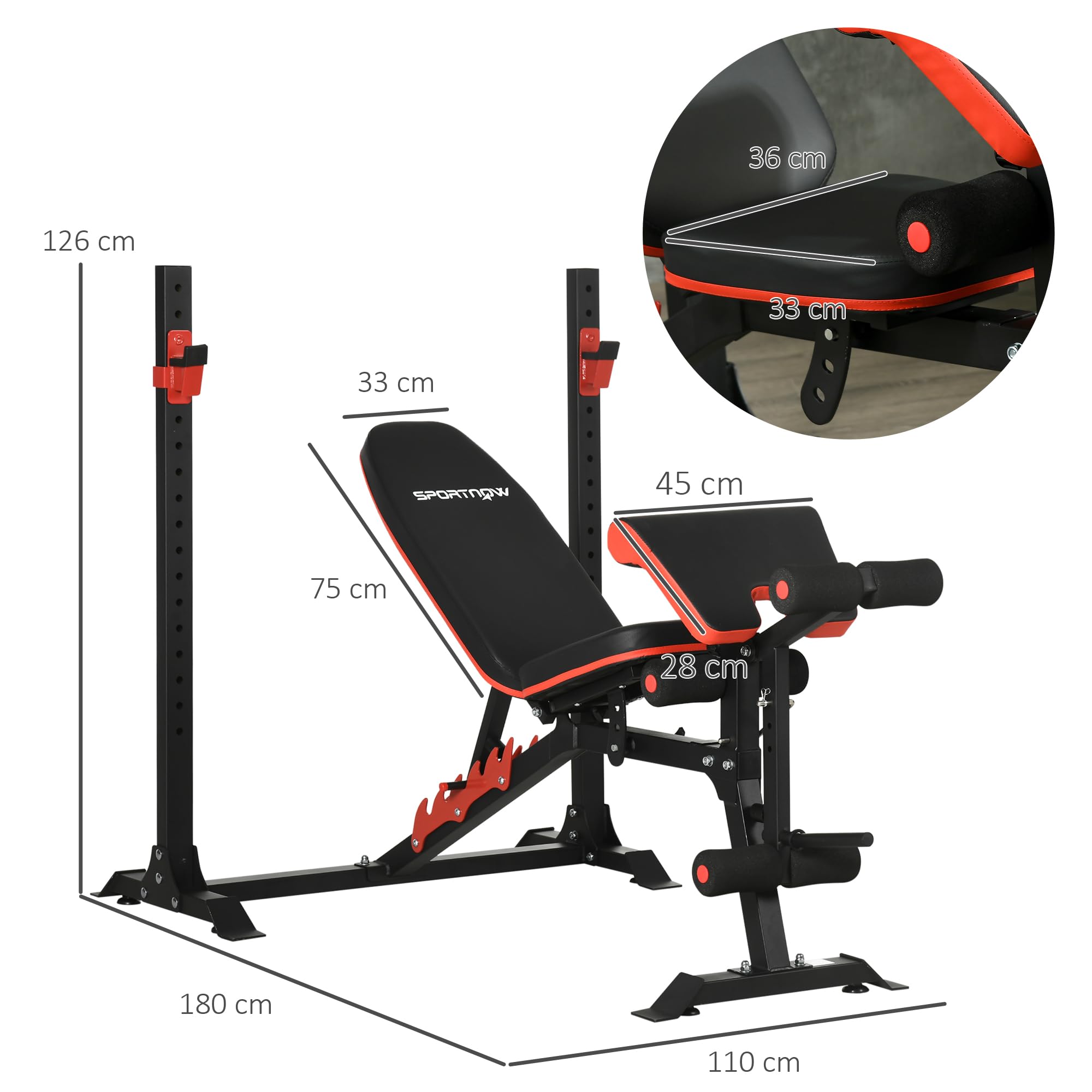 SPORTNOW Banco de Musculación Multifuncional Banco de Pesas Musculación con Respaldo y Soporte de Barras Ajustables Carga 150 kg para Entrenamiento Piernas Abdominal Pecho y Brazos Negro