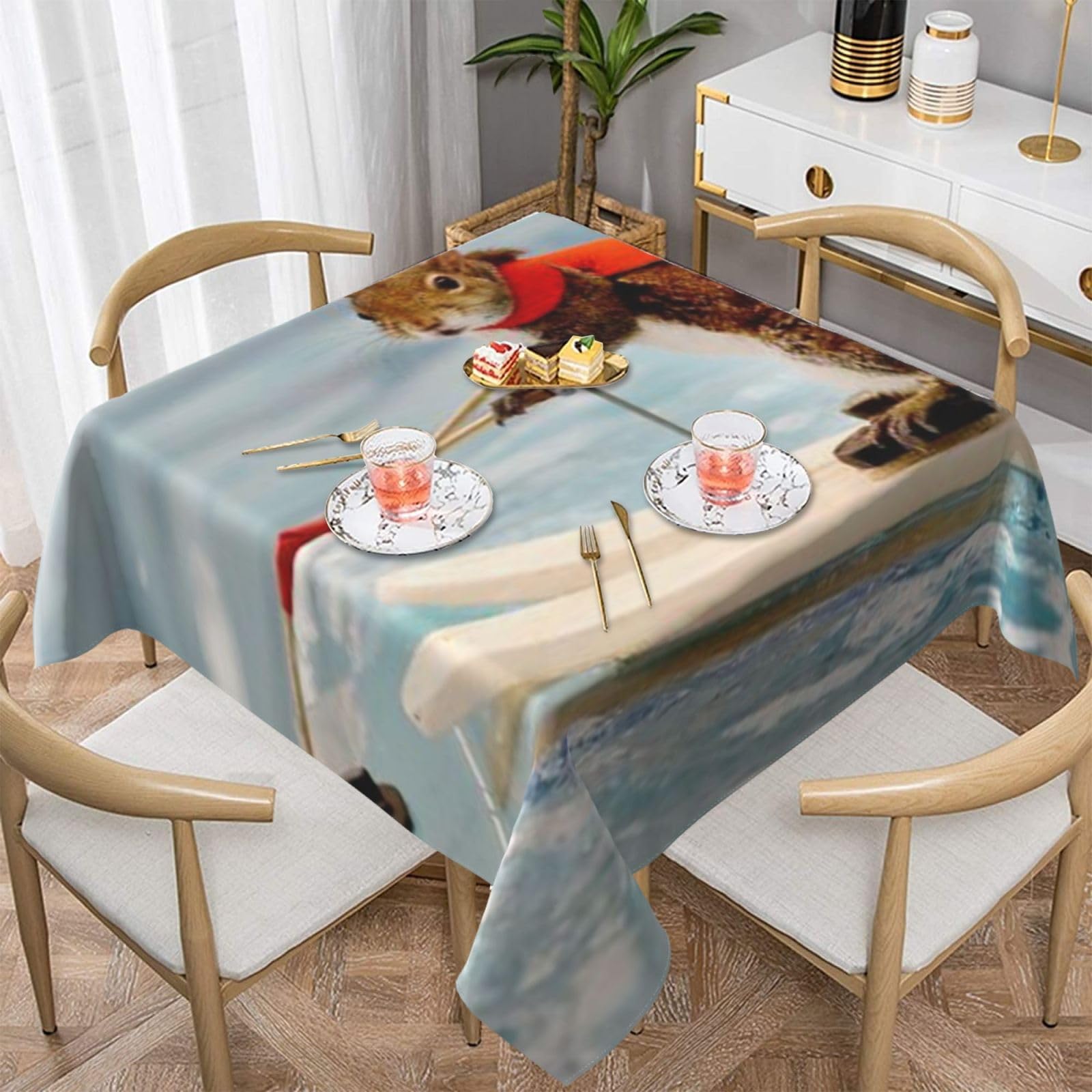 DCEHGEW Water Skiing fox Squirrel Prints Square Tablecloth 137x137 CM, Waterproof Fabric Table Cloth for Dining Table, Farmhouse Table Cover for Kitchen Dining Tabletop Decoration
