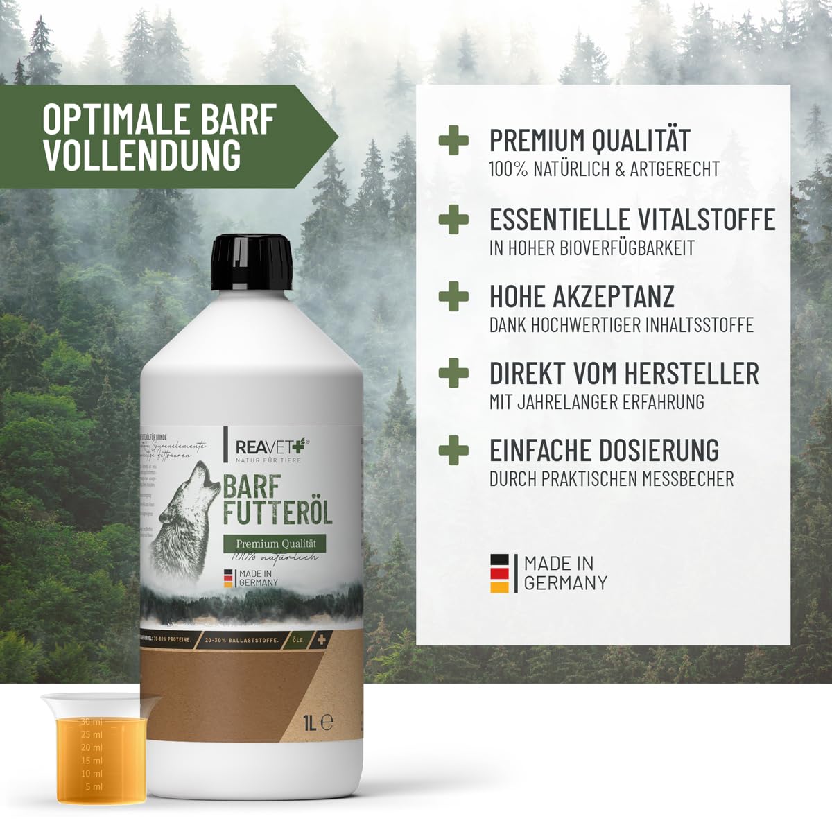 TESTURTEIL SEHR GUT 05/24 ReaVET Profi Futteröl Hunde 1 Liter, 1. Kaltpressung, kaltgepresst, Barföl, Futteröl Hund, hochwertige & perfekte Mischung, Barf Zusatz für Hunde I natürlich & artgerecht