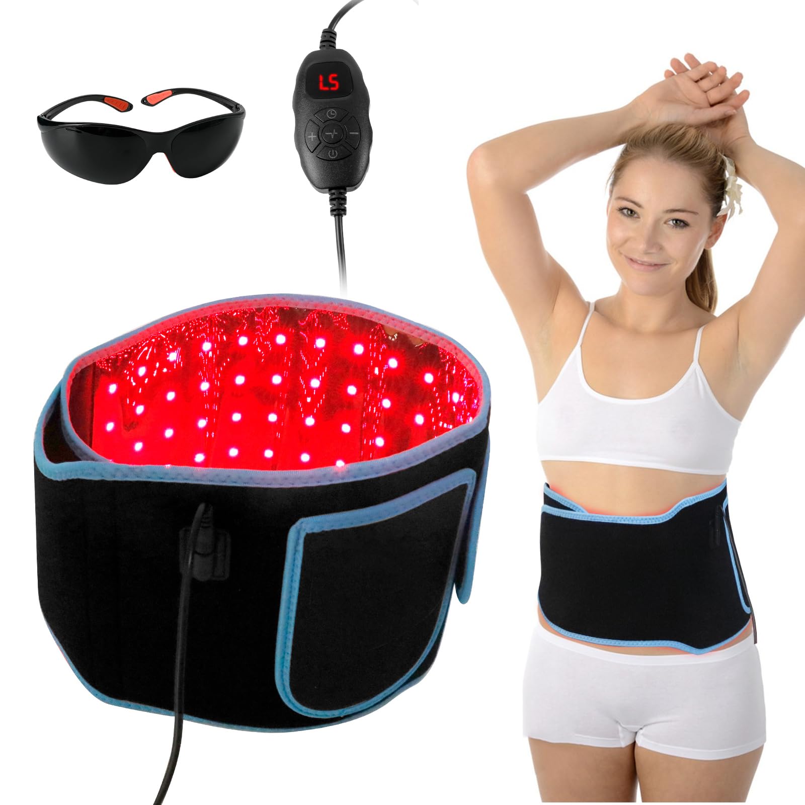 Cinturón de terapia de luz roja de 660 nm con luz roja y 850 nm con ajustes de temporizador y gafas para cintura, muslo, brazos, etc. Alivio muscular para hombro, espalda, cintura y abdomen