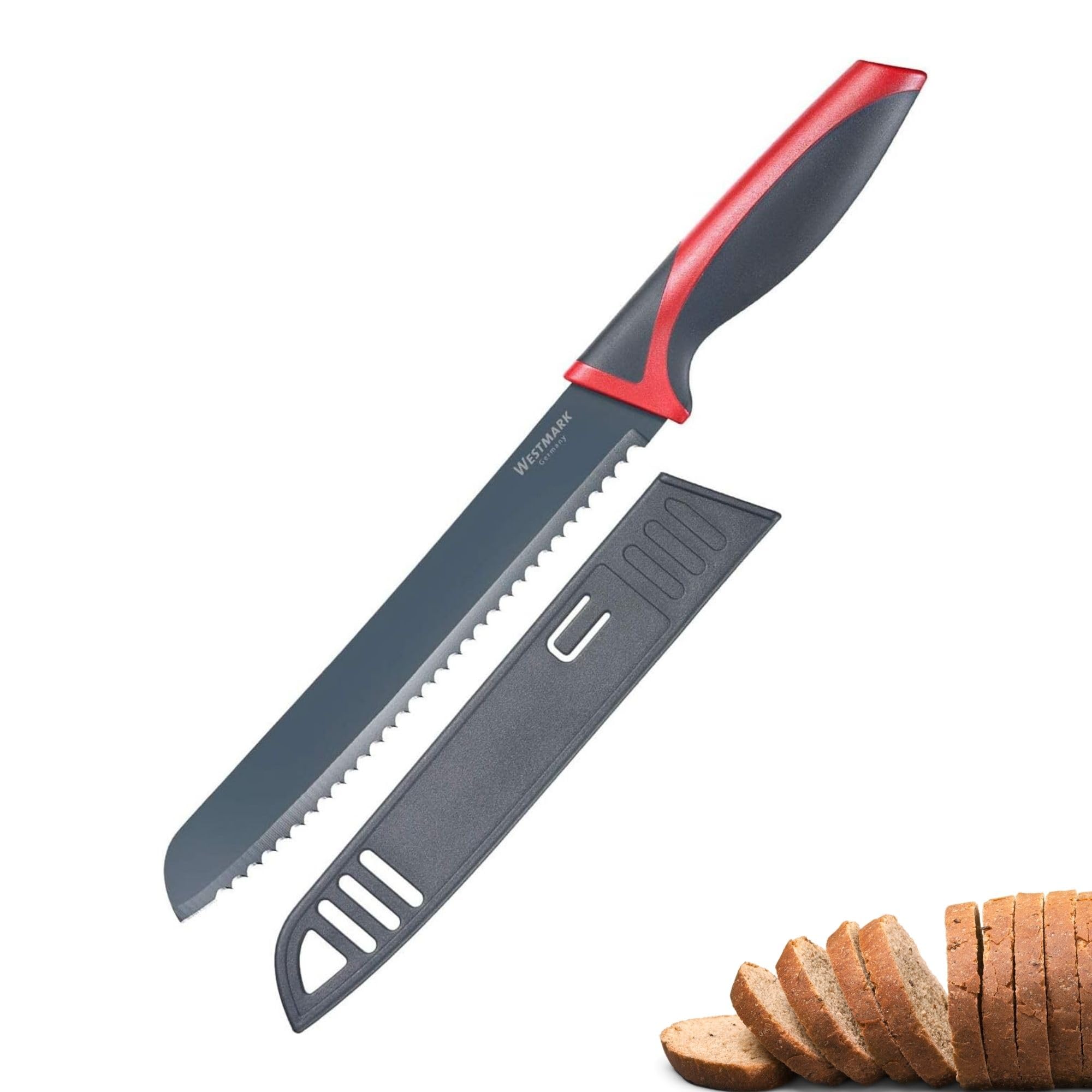 Westmark Cuchillo para pan, Con hoja dentada larga, Longitud de la hoja: 20 cm, Con protección de la hoja, Acero inoxidable/plástico, Antracita/rojo, 14552280