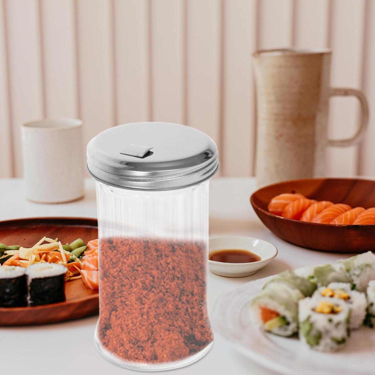 4pcs Glass Seasoning Dispenser Condiment Container for Salt Pepper and Spices Space-saving Multipurpose Kitchen Shaker Stainless Steel Lids