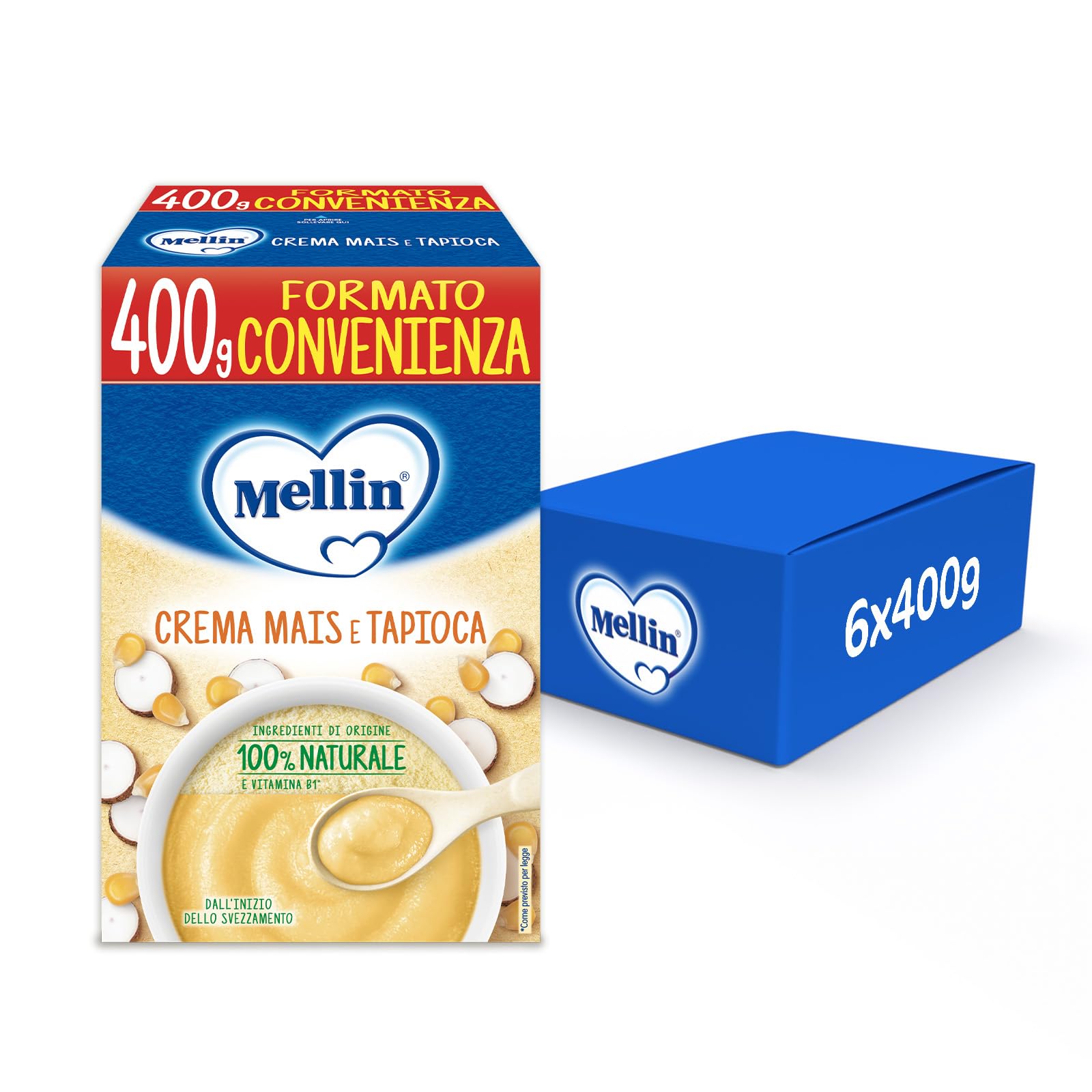 Mellin - Crema Mais e Tapioca - Alimento con vitamina B1, per Bambini dal 4° mese Compiuto - 6 Confezioni da 400gr (Totale 2400gr)
