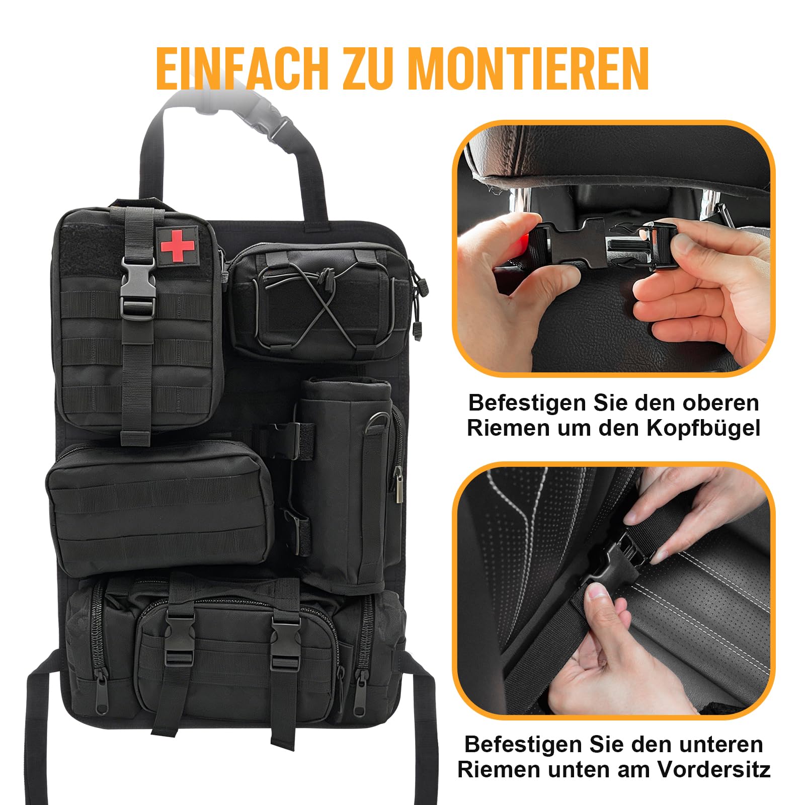 Taktischer Fahrzeug-Sitzlehnen-Organizer mit Sanitätstasche, Wasserflaschentasche und Admin-Panel-Aufbewahrungstaschen