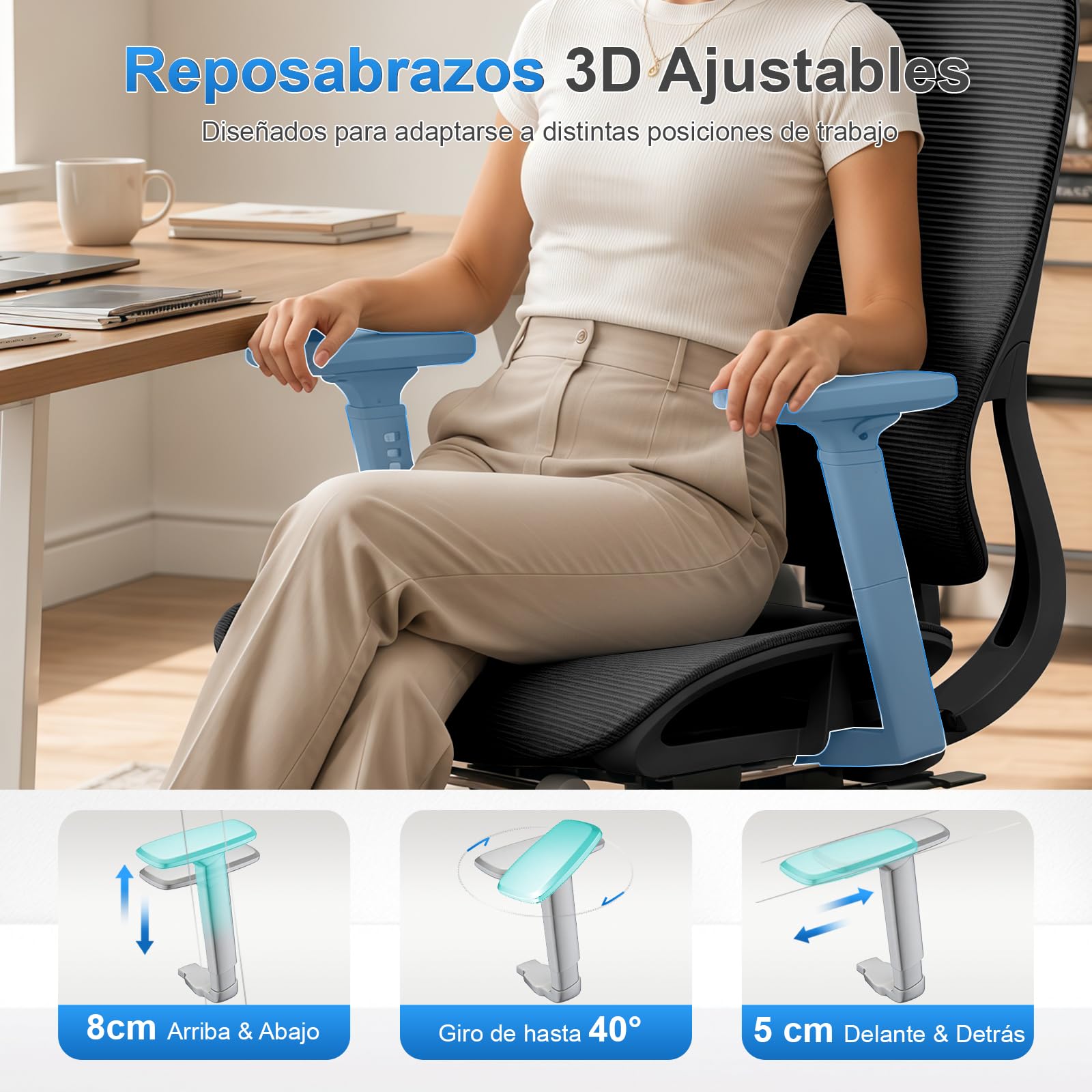 Silla Ergonómica de Oficina con Soporte Lumbar Ajustable y Reposapiés, Silla de Reclinable con Regulable Reposabrazos y Reposacabezas para Oficina en Casa, Estudio y Gaming, Negra