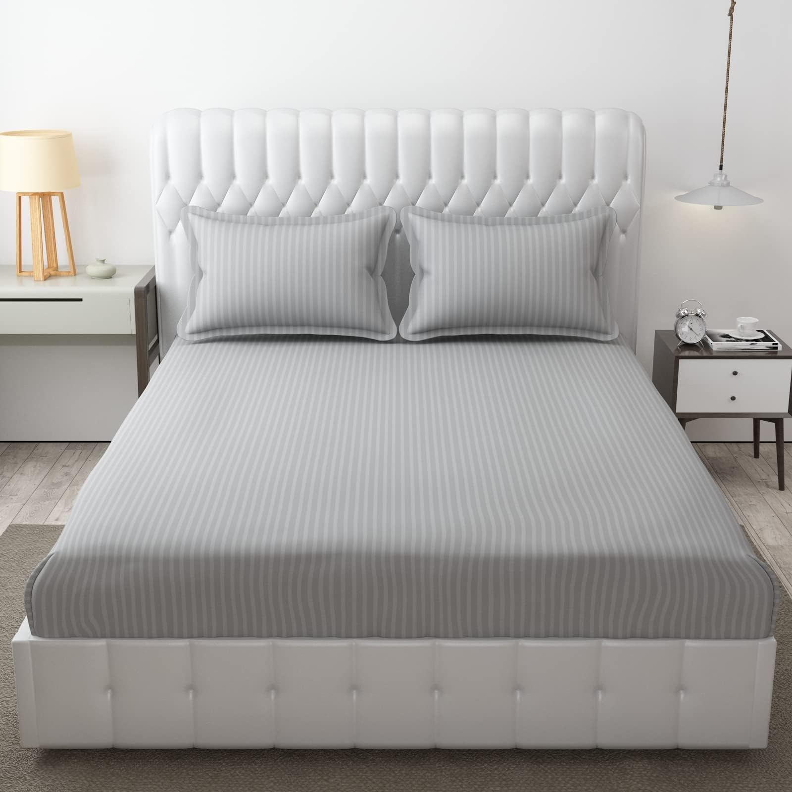 Bedsheet 100% Pure Cotton Solid Stripes Bedsheet 300TC (Thread Count) with 2 Pillow Covers (Light Grey, Single Bed)-image-8
