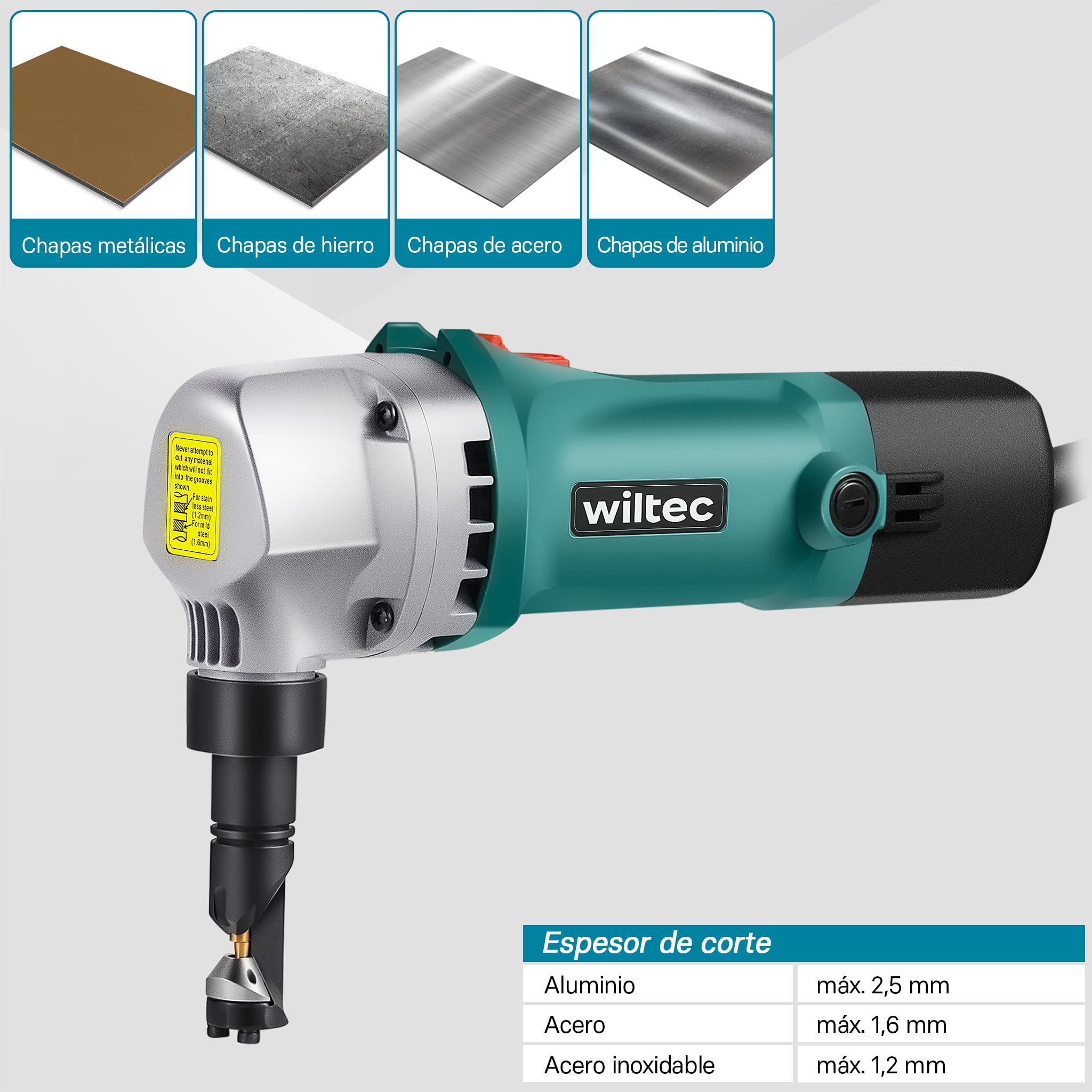 Wiltec Cizalla eléctrica para chapa 500 W corta metal y plástico hasta 2,5 mm cabezal giratorio 360° herramienta para un corte preciso cortadora