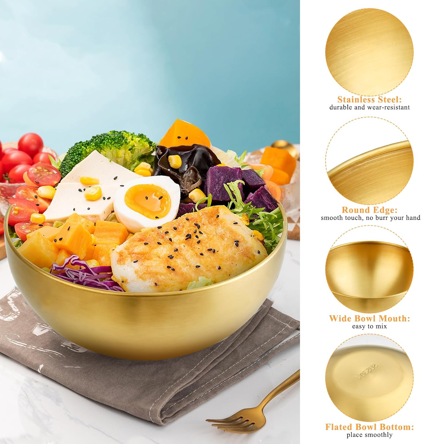Supkiir Stainless Steel Salad Bowls with Gold Tong, 9.8”×4.5” 51oz Gold Kitchen Mixing Bowl, Large Serving Bowl Nesting Bowls for Mixing Cooking Baking Prepping Salad Soup Fruit