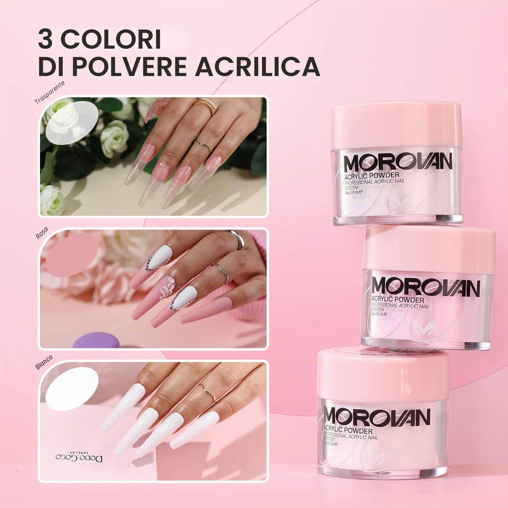 Morovan Polvere acrilica per unghie, 3 colori e 3 pennelli professionali, kit per principianti nail art