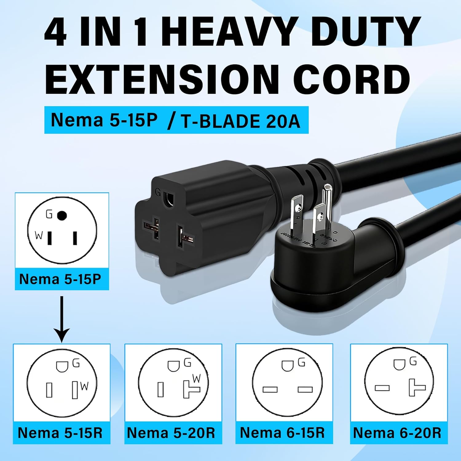 6FT 12AWG Right Angle Plug Extension Cord,NEMA 5-15P to 5-15R/5-20R/6-15R/6-20R,15A to 20A 90 Degree Right Angle Plug Adapter Appliance Cord