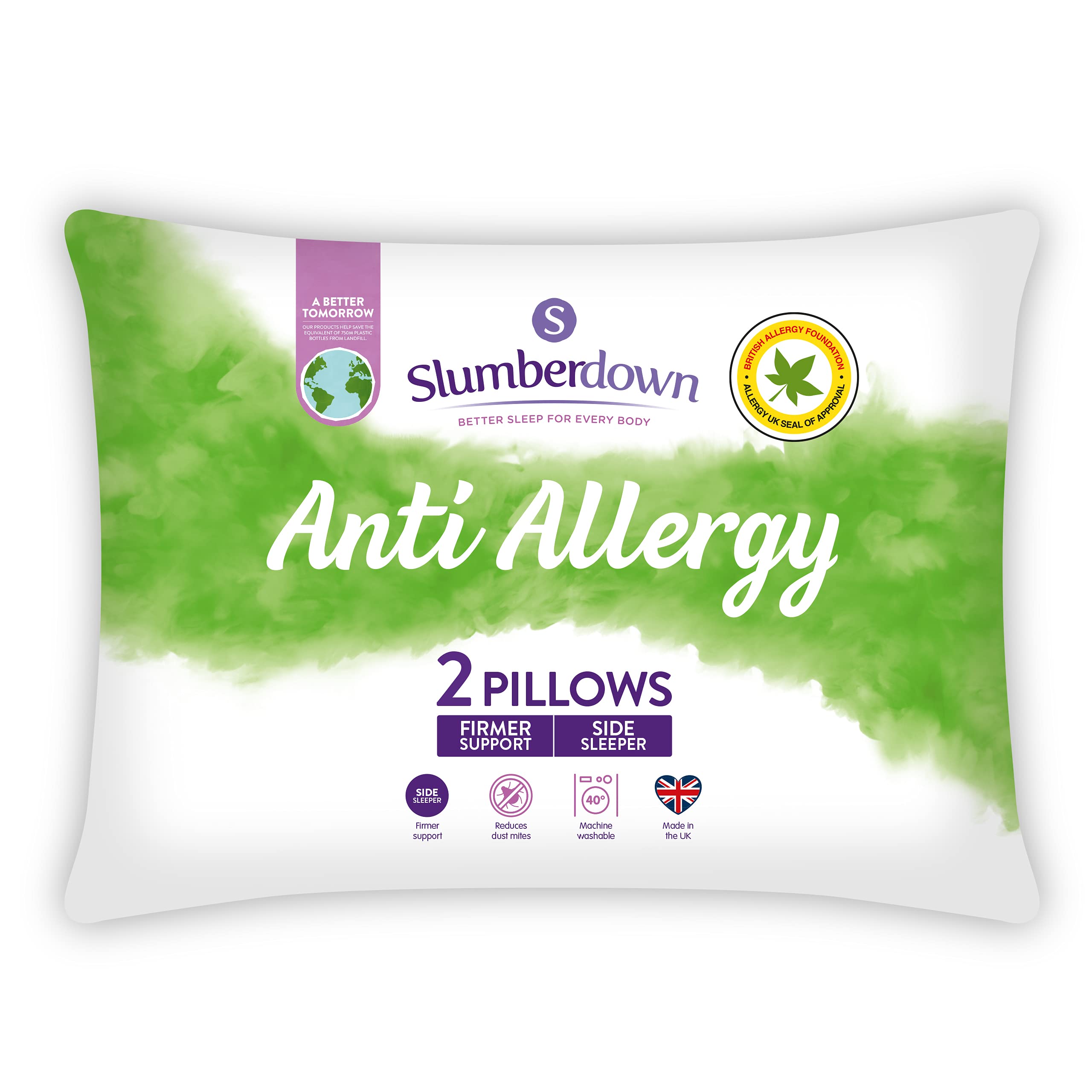 Slumberdown Anti Allergy White Pillows 2 Pack Firm Support Bed Pillows