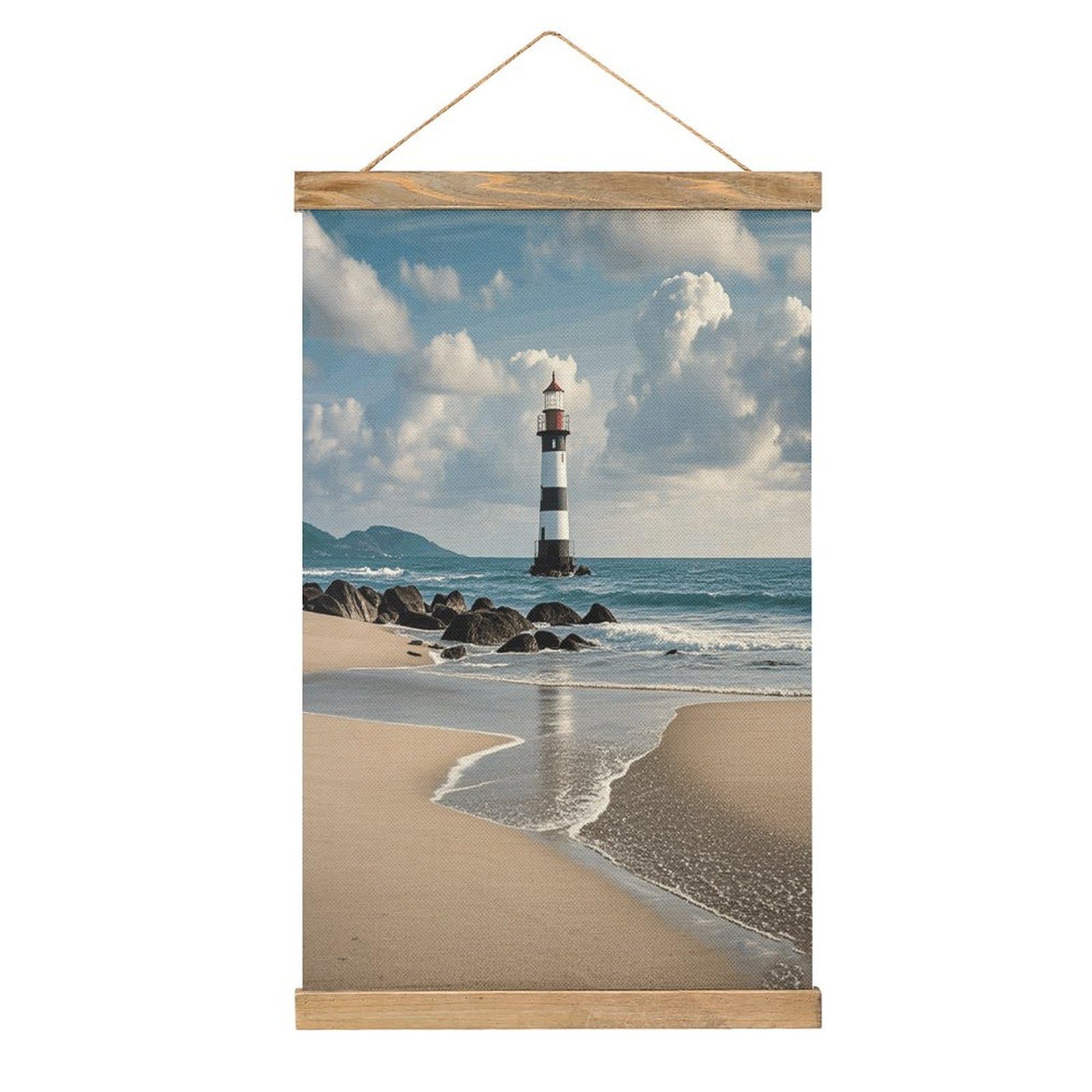 VstaDank Sea Lighthouse Sandbeach Hanging Poster with Wooden Frame Modern Linen Hanging Painting Retro Style Wall Decor Art Painting for Living Room,Bedroom Decor Poster Frame 20.4x13.1inch
