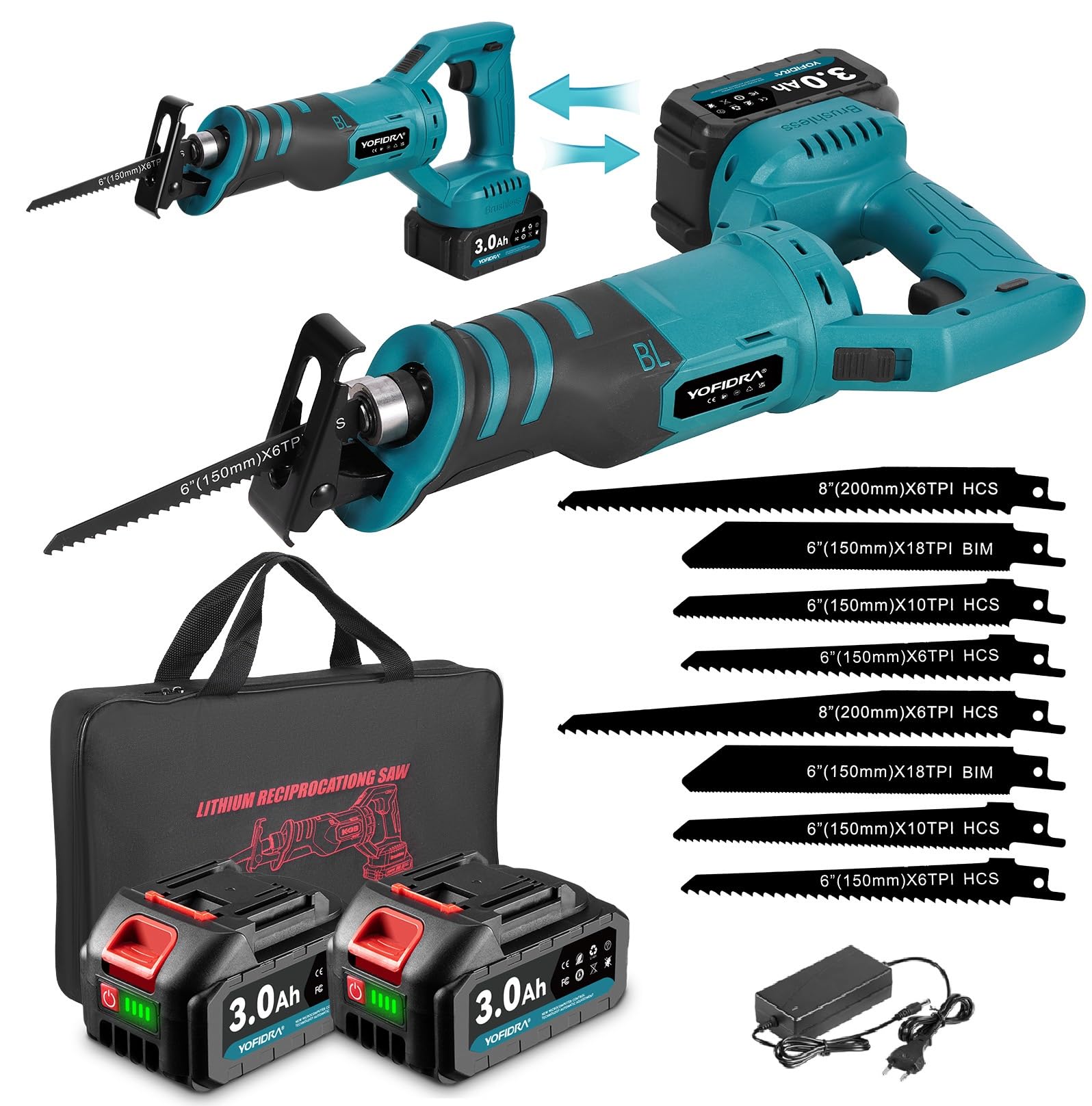 Yofidra Scie Sabre Sans Fil, Scie Alternative Électrique Sans Balais avec 2×3.0Ah Batteries, 8 Lames, 3600SPM, Course 28mm, Tête Pivotante 180°, pour Bois/Métal/PVC