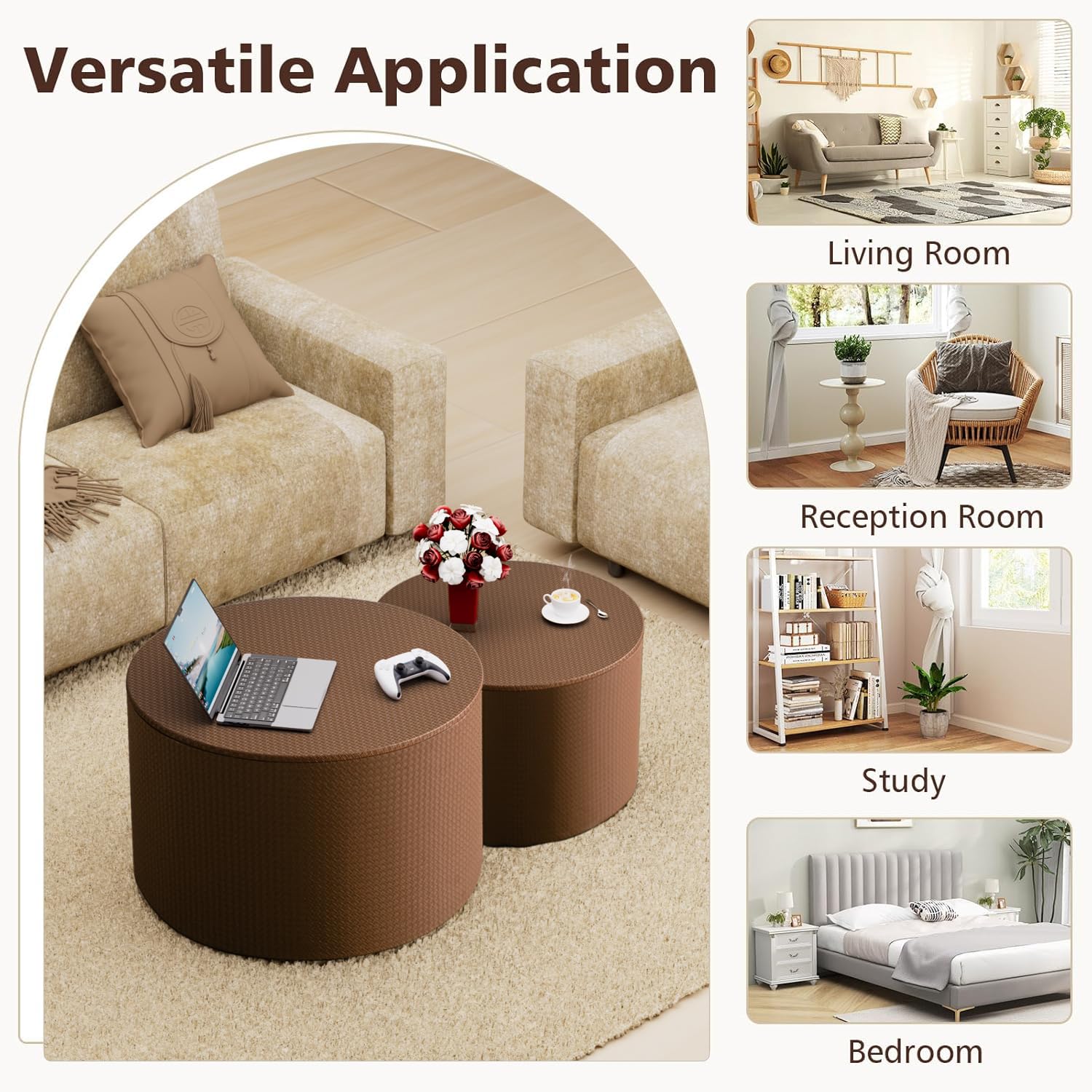 Set di 2 Tavolini Sovrapponibili per Spazi Ridotti, Brown with storage | Tavolini Rotondi con Finitura in Pelle e Vano Contenitore - Struttura in Legno – Tavolini Laterali a Tamburo Ideali