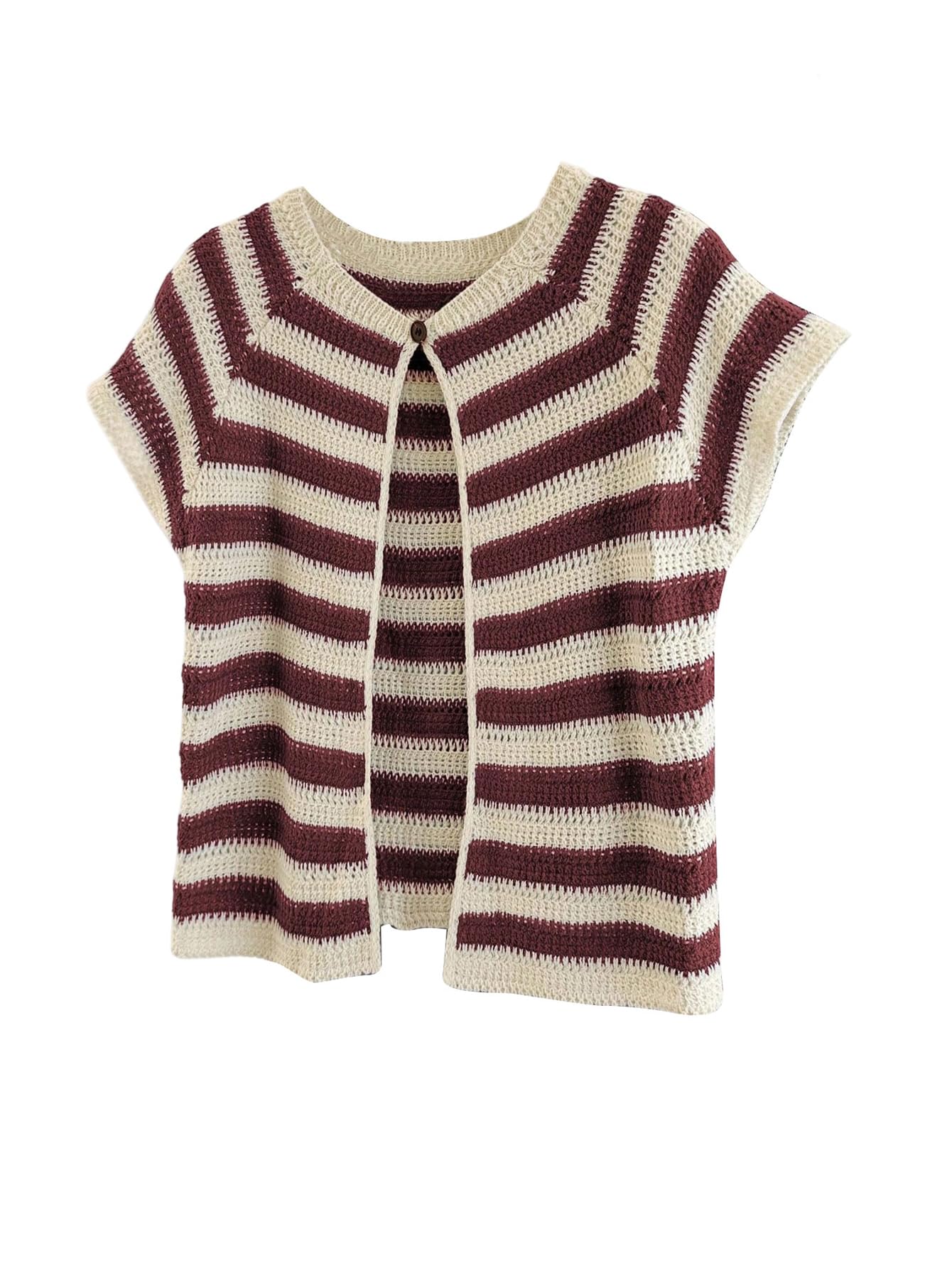 WDIRARA Womens Striped Short Sleeve Open Front Cardigan Sweater Crew Neck Lightweight Y2k Knit Top