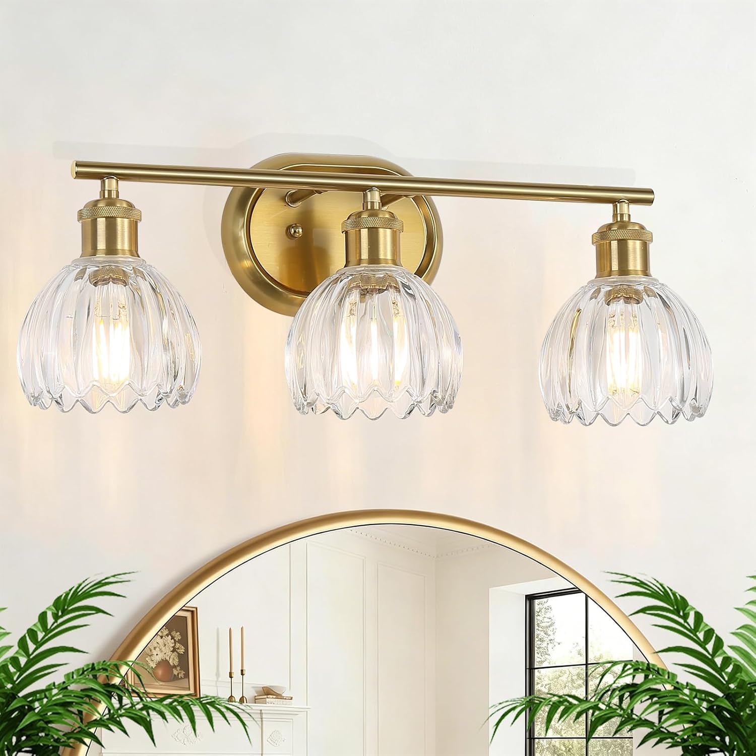 3-Light Bathroom Light Fixtures, Gold Vanity Lights for Bathroom with Ribbed Clear Tulip Glass Shade, Brass Vintage Wall Scone Lighting Over Mirror for Farmhouse,Bedroom,Living Room,Hallway