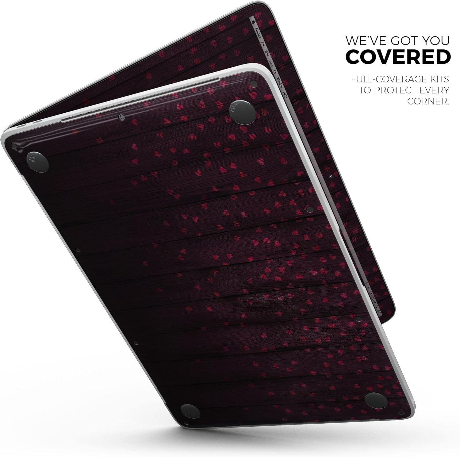 DesignSkinz - Falling Micro Hearts Over Burgundy Planks of Wood - Full-Body Wrap Protective Decal Skin Kit Compatible with MacBook 13" Pro M1 (A2338)
