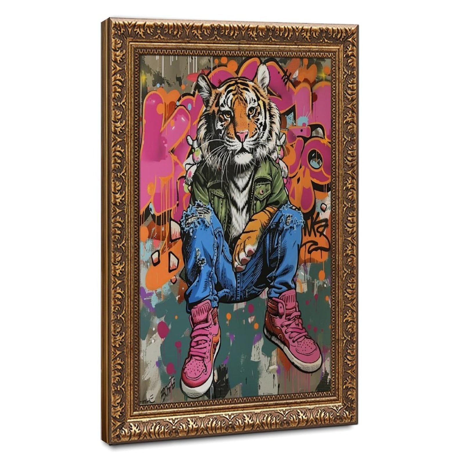 Pyberon Retro Gold Frame-Style Graffiti Lion Canvas Poster For Dorm Room Decor Gift