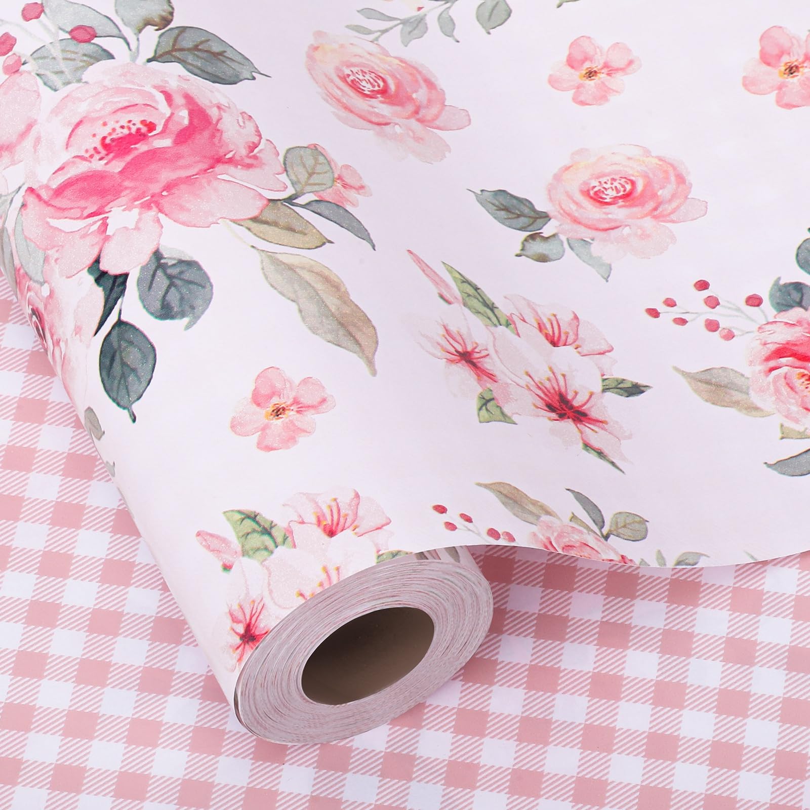 woric 43cm*12m Floral Wrapping Paper Roll, Double Sided Wrapping Paper Pink Plaid Gift Wrap Birthday Wrapping Paper for Spring Decoration, Tea Party, Wedding, Bridal Shower, Birthday, Baby Shower