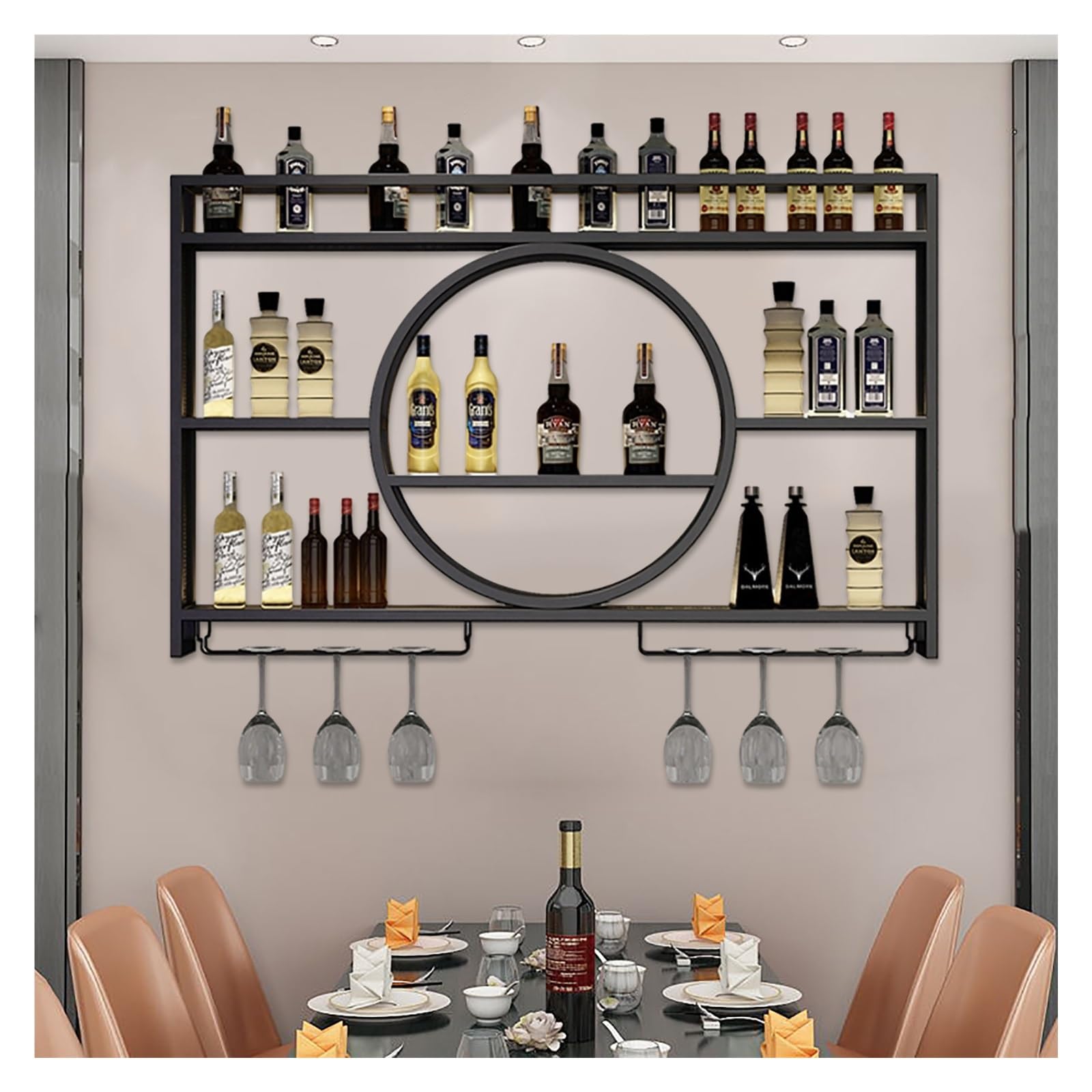 Étagère à vin murale avec support de verres pour bar et salon en fer noir