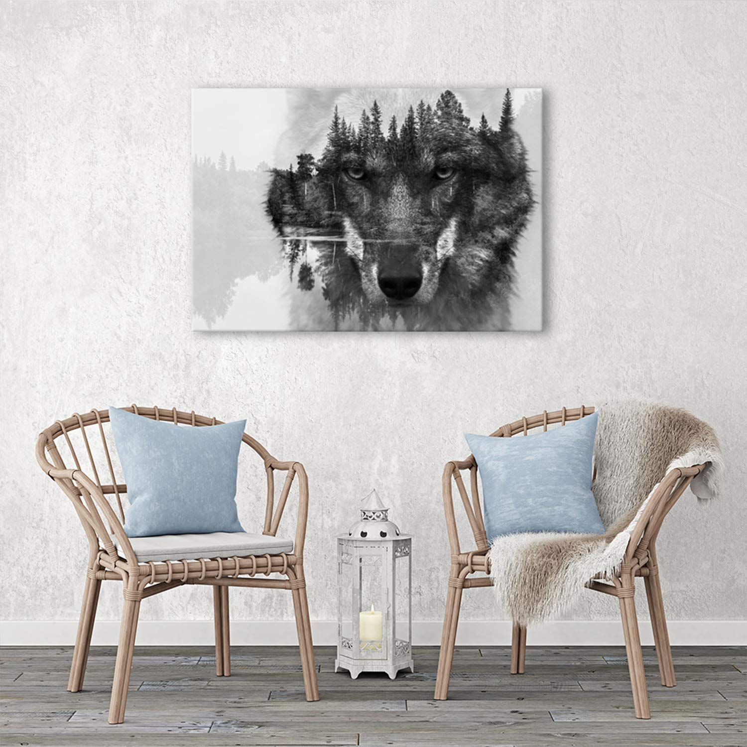 Feeby Bilder Wolf Wald Nebel 100x70 cm 1 Teilig Wohnzimmer Schlafzimmer Büro Flur Küche Wandbilder Modern Bild auf Leinwand Wanddekoration Kunstdruck Design Natur Tiere Schwarz und Weiß