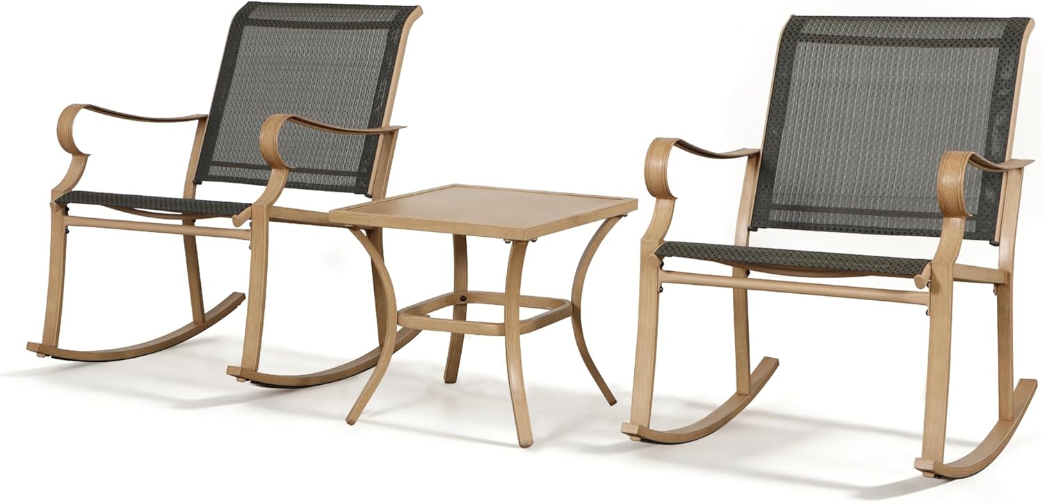 3-Piece Outdoor Rocking Bistro Set, Small Patio Furniture with Glass Table and Rocker Chairs, Textilene Fabric Conversation Set for Lawn, Garden, Balcony & Poolside, Black