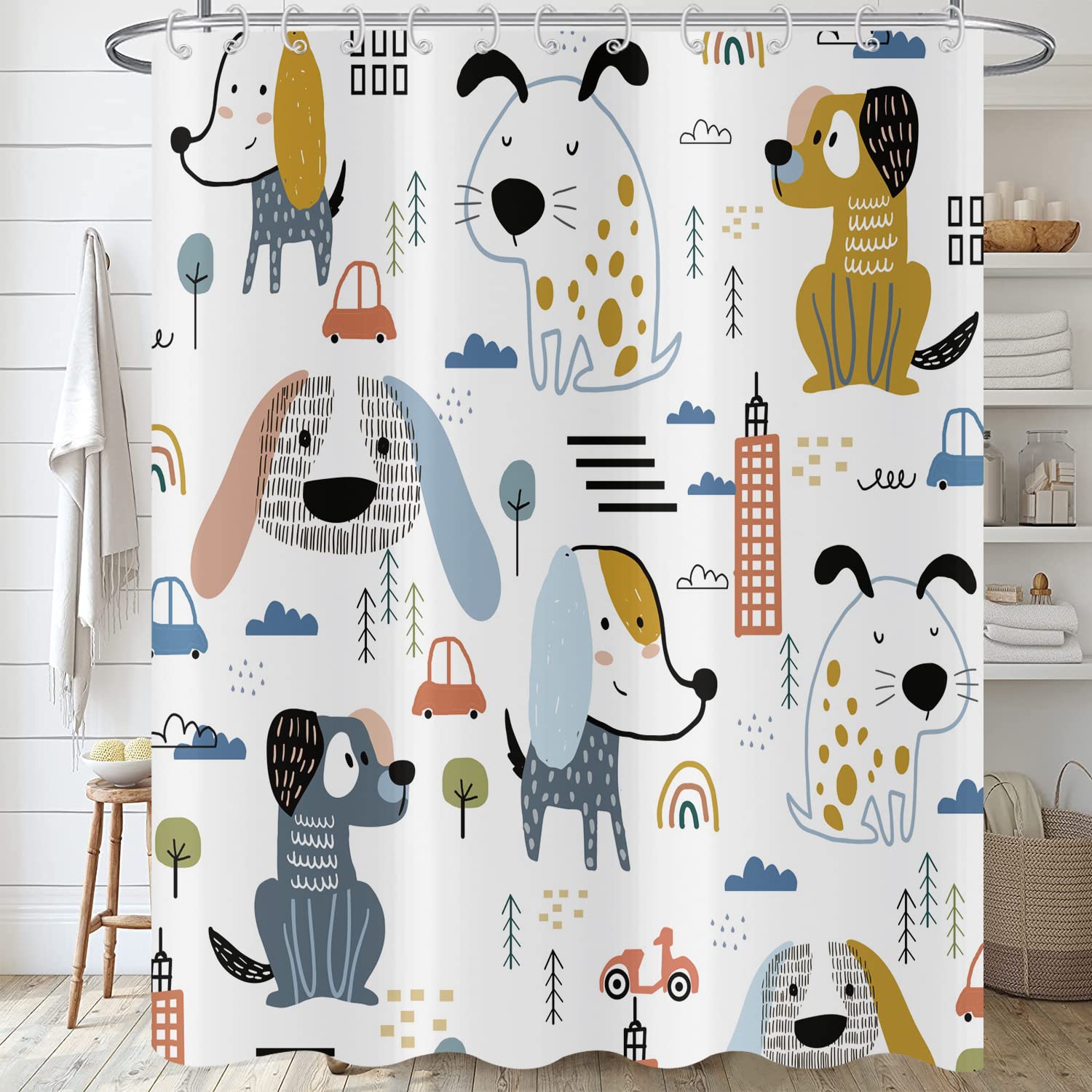Hnmdmyi Funny Shower Curtain 240x180, Cartoon Dog Shower Curtains Kids Boys Cute Animals White Bathroom Curtains with Hooks Waterproof Polyester Fabric Washable Bath Curtains for Wet Room